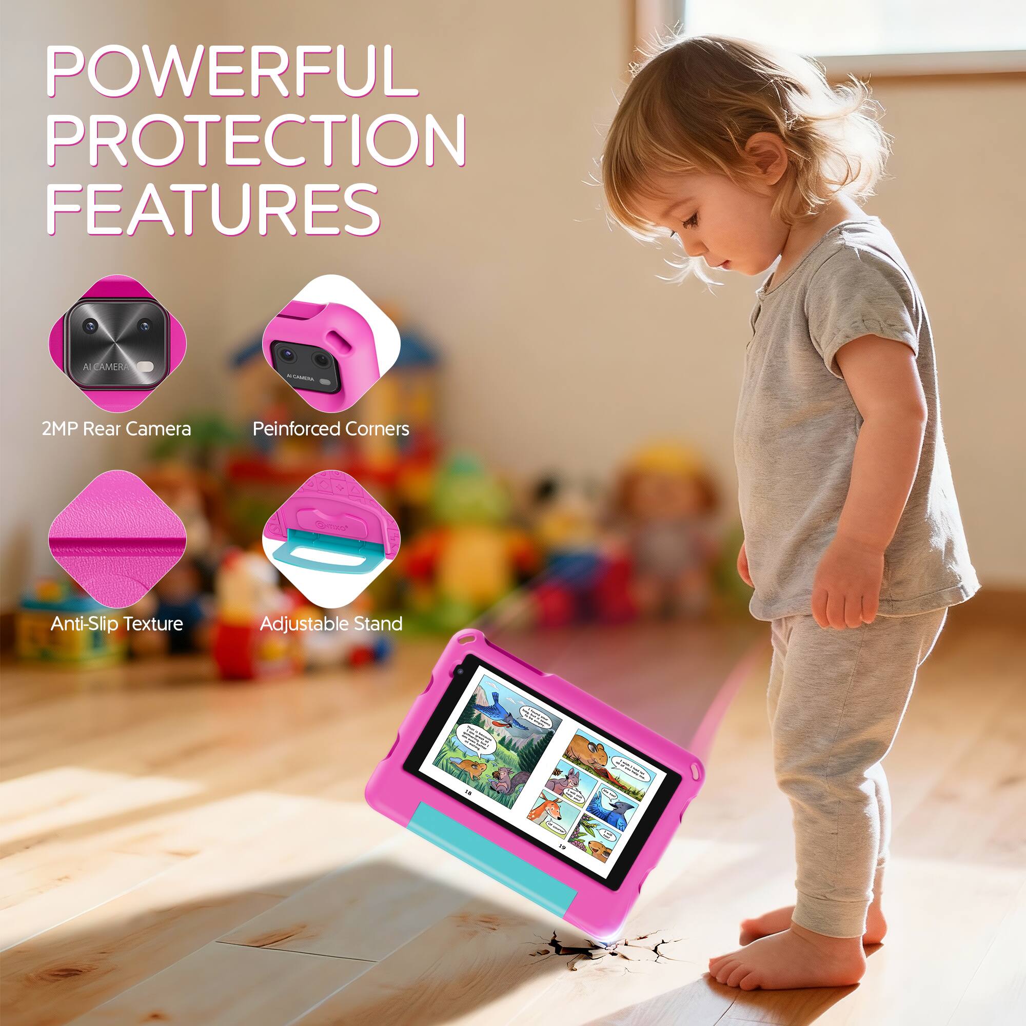 POWERFUL PROTECTION FEATURES

All CAMERA
2MP Rear Camera
Peinforced Corners
Anti-Slip Texture
Adjustable Stand