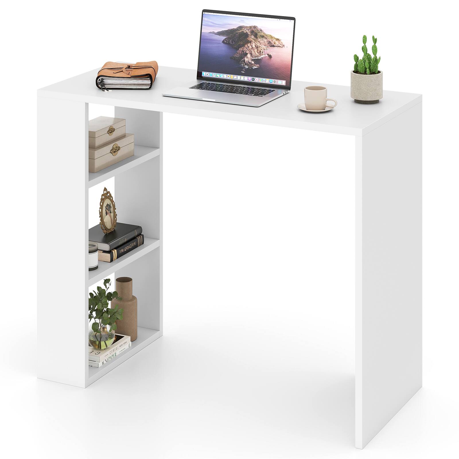 Gymax - 36'' Compact Writing Desk w/ 3 Open Shelves Freestanding Anti-tipping Kit - White