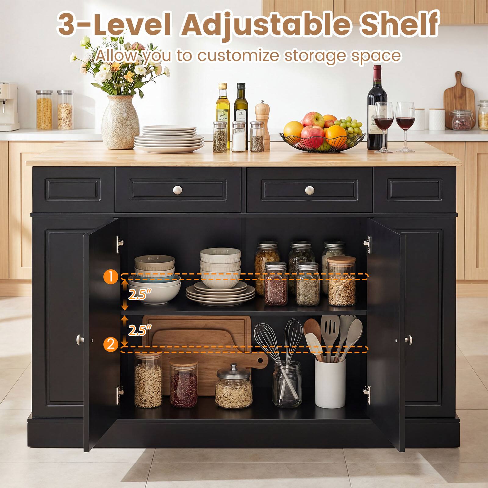 3-Level Adjustable Shelf  
Allow you to customize storage space  

1. 2.5"  
2. 2.5"