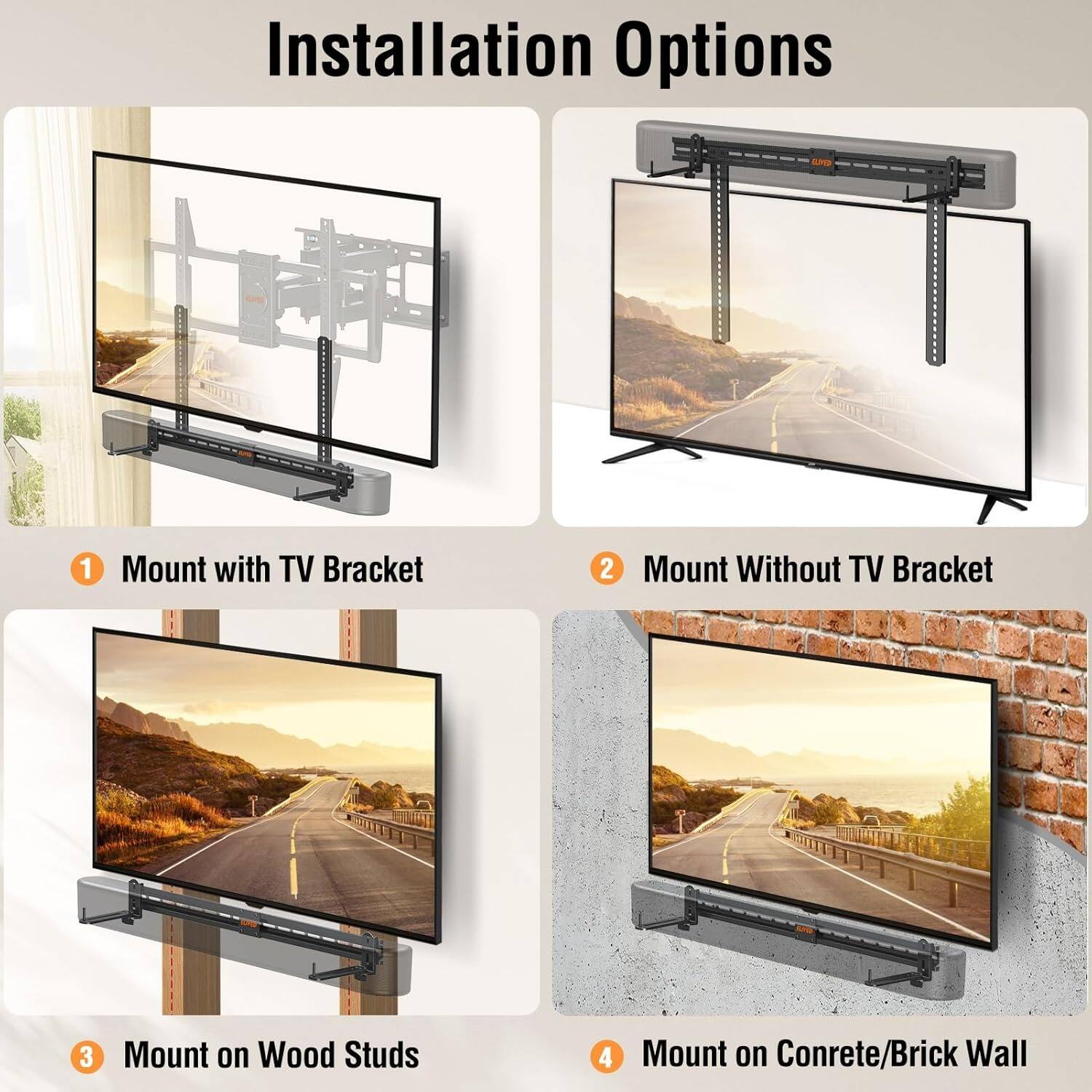 Installation Options

1. Mount with TV Bracket
2. Mount Without TV Bracket
3. Mount on Wood Studs
4. Mount on Concrete/Brick Wall