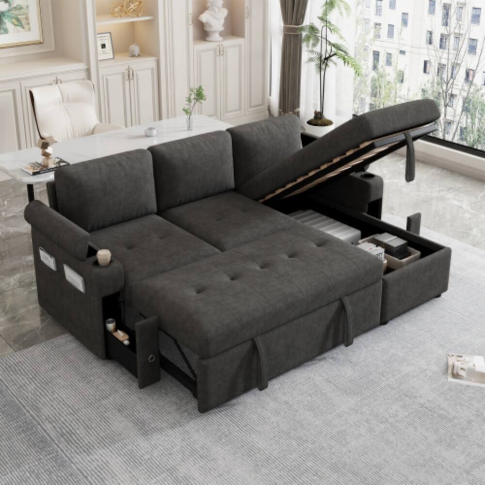 Angle. LUCKY ONE - 83.5" L-Shaped Convertible Sofa Bed w/ Storage Cup Holders USB Ports Chaise - Black.