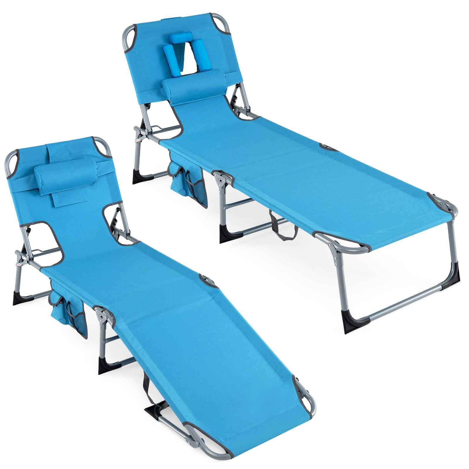 Costway - Set of 2 Beach Chaise Lounge Chair Folding Reclining Chair with Facing Hole - Blue