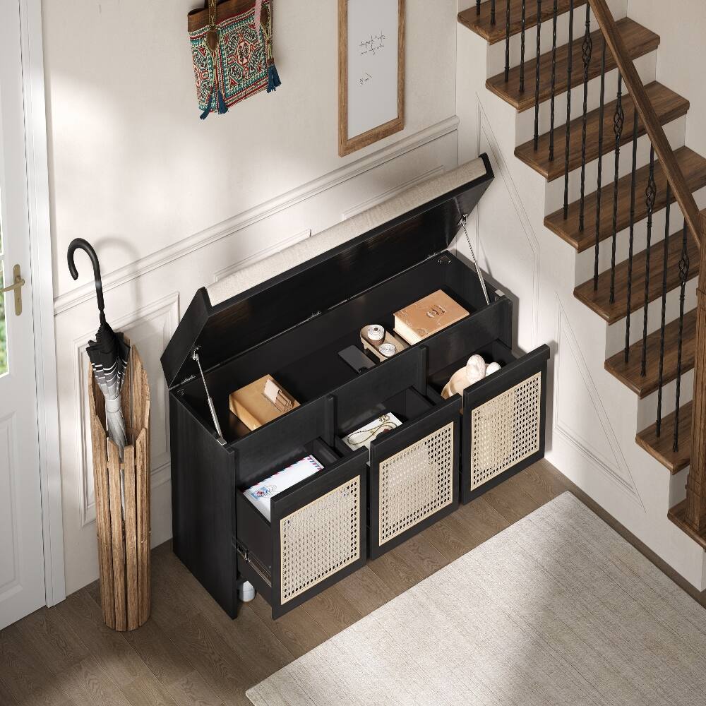 Alt View 2. Ropilly - Ropilly 48 Inch Black Entryway Shoe Bench with Rattan Drawers, Retro Storage Bench for Hallway - Black.
