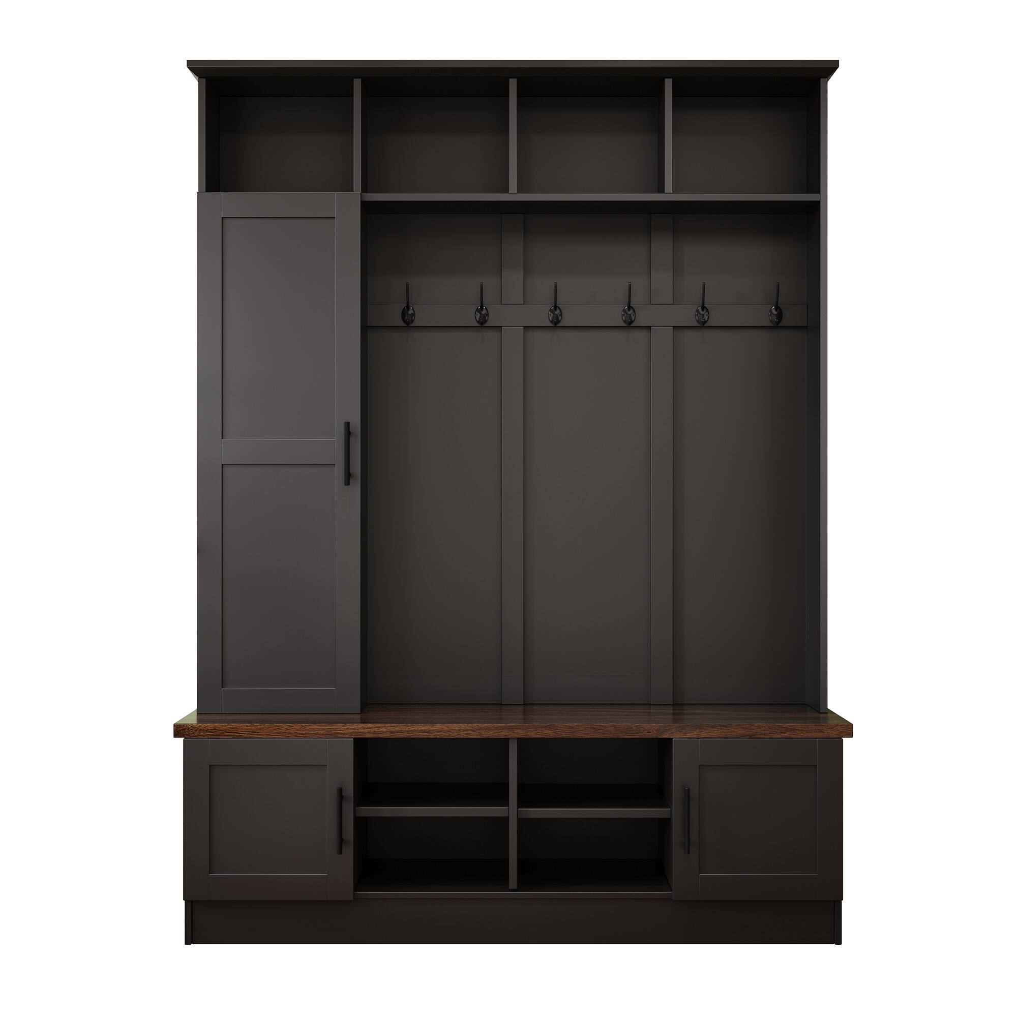 Angle. Whisen - 3-in-1 Hall Tree,Entryway Coat Rack with Storage Bench,6 Hooks and Adjustable Shelves - Black.