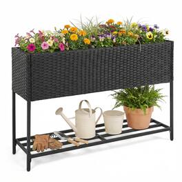 Gymax - Elevated Planter Box Raised Garden Bed w/Rattan Surface Bottom Storage Shelf - Black