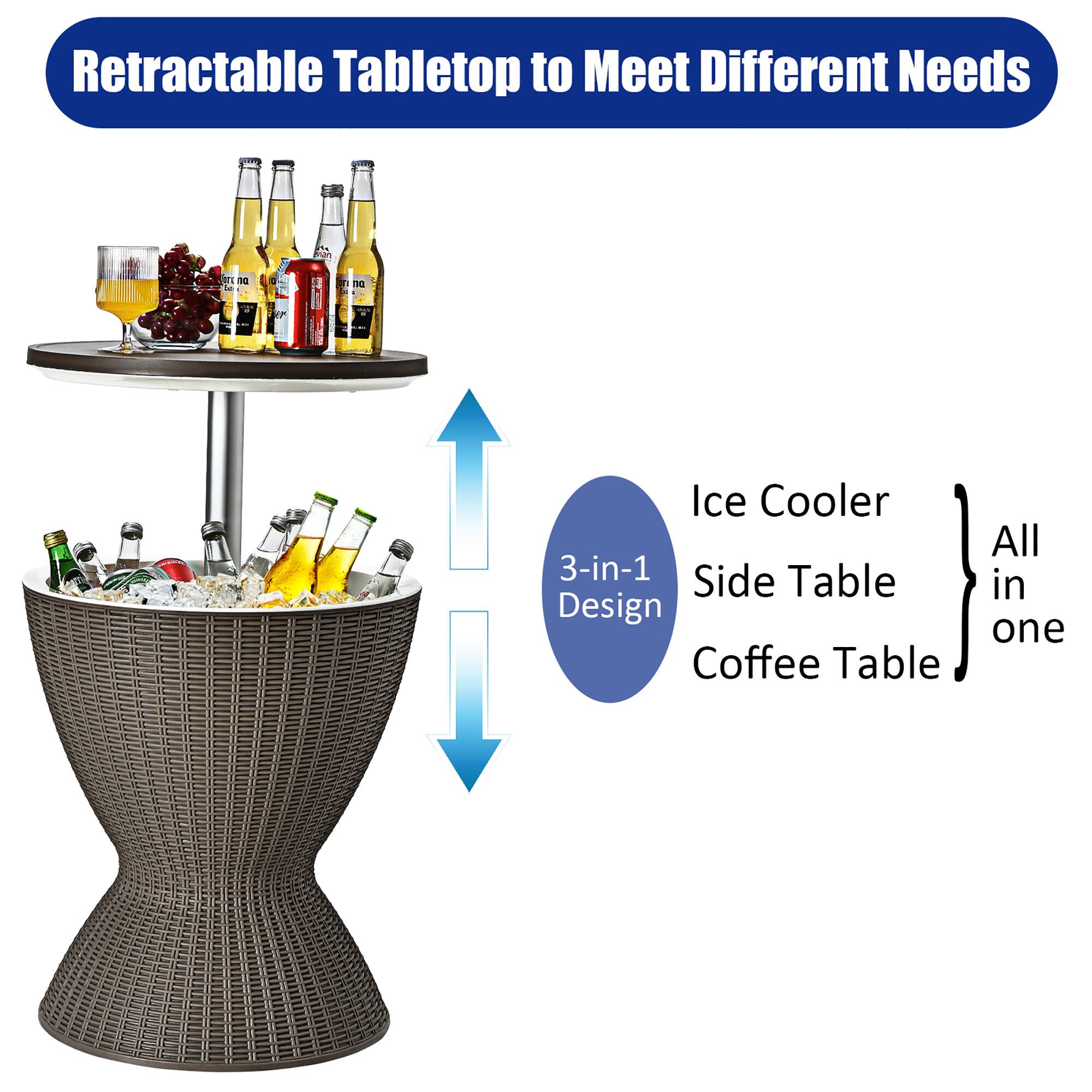 Retractable Tabletop to Meet Different Needs

3-in-1 Design

Ice Cooler
Side Table
Coffee Table

All in one