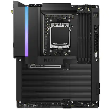 NZXT is a company that manufactures computer components, including computer cases and power supplies. The image shows a close-up view of the inside of a NZXT computer case, which is black and features a purple stripe. The case is designed to hold a motherboard, which is the central component of a computer system. The motherboard is visible in the image, along with other components such as a hard drive and a power supply.