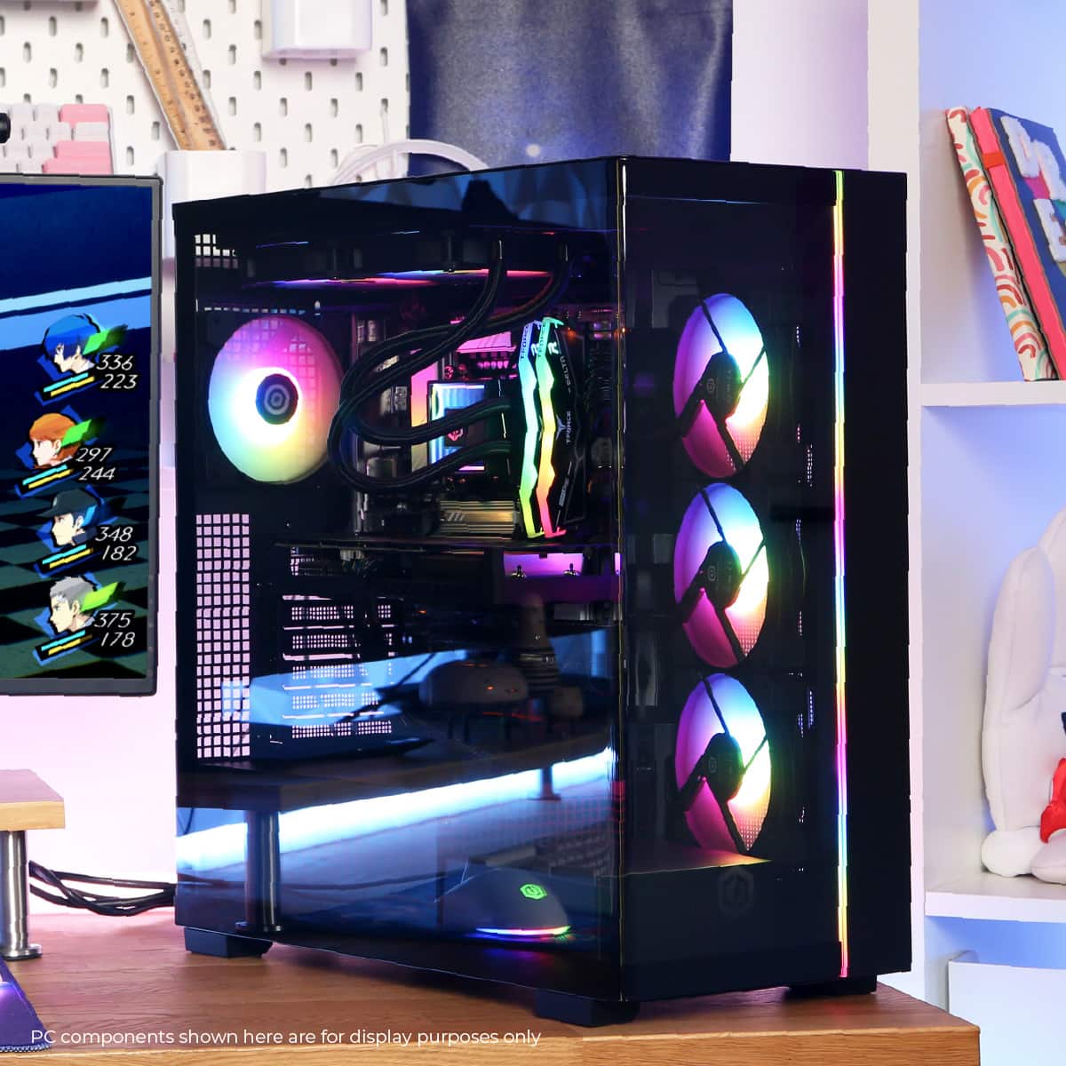 The text on the image reads: "336 223 I | 297 244 348 182 m 375 178 PC components shown here are for display purposes only."