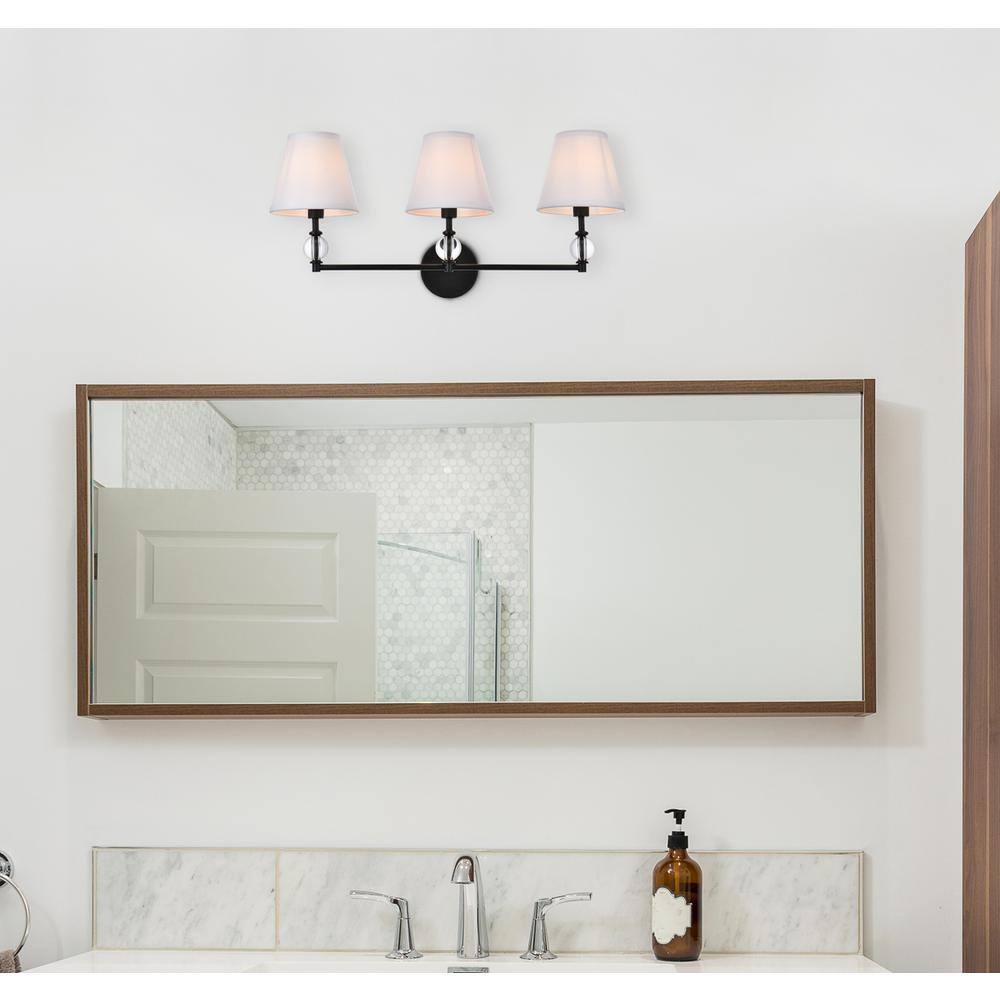 Angle. Living District - Bethany 3 lights bath sconce in black with white fabric shade - Black And White Fabric Shade.