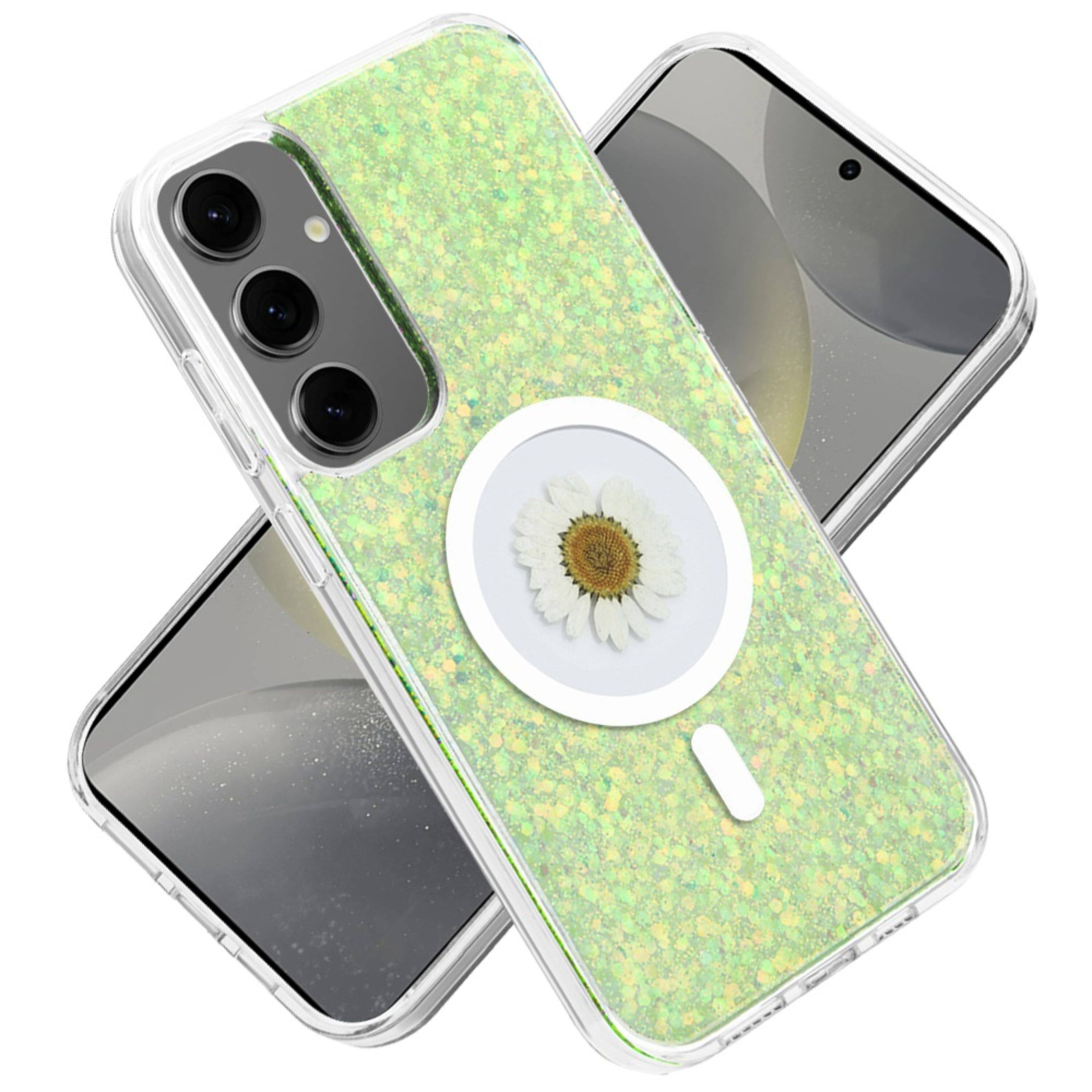 Angle. Kitcheniva - Pressed Flower Crystal Hybrid Case With Tempered Glass For Samsung S25 Plus/S24 Plus Green - Green.