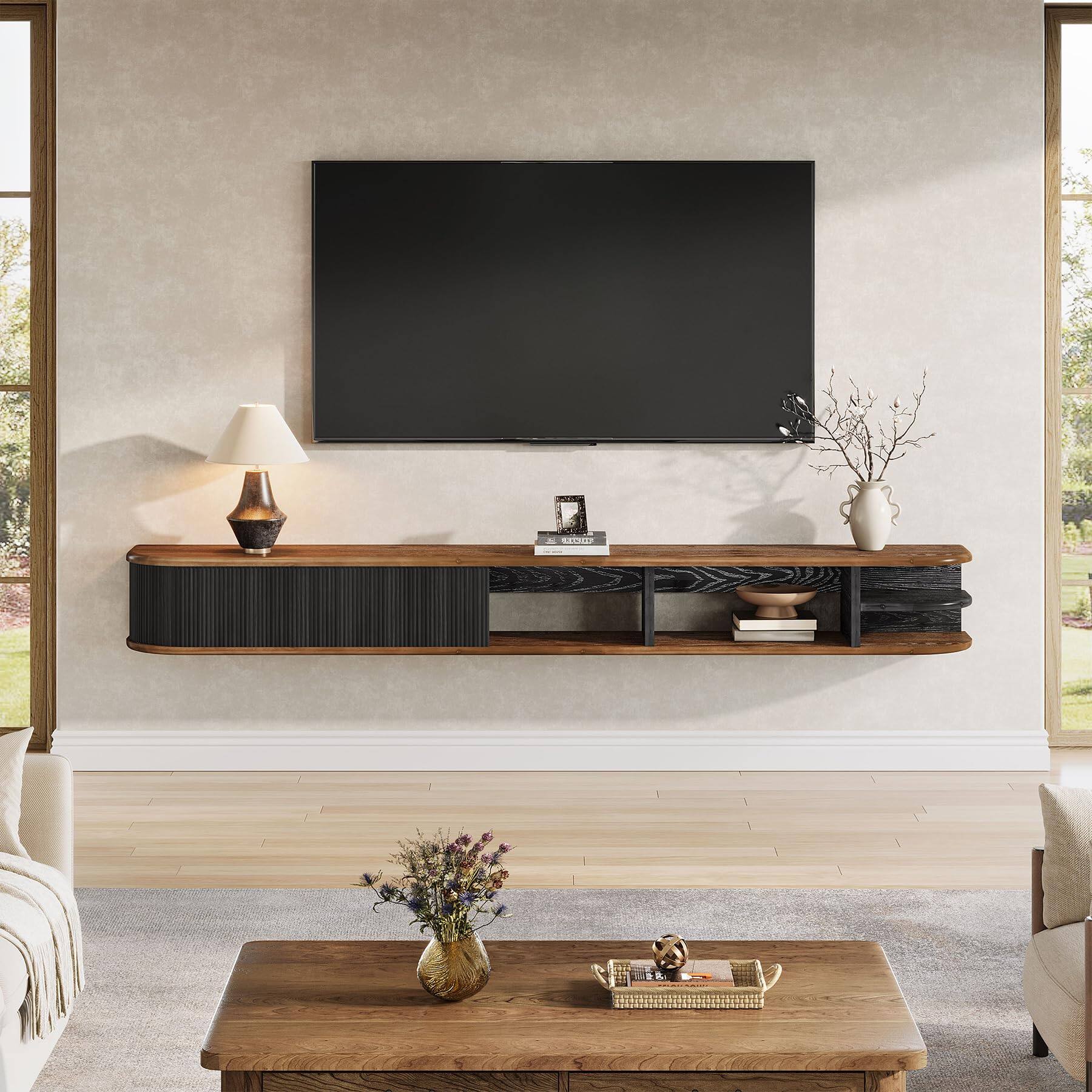 Alt View 5. Tribesigns - 71" Floating TV Stand Up to 90'' TVs, Solid Wood Media Console - Rustic Brown & Black.