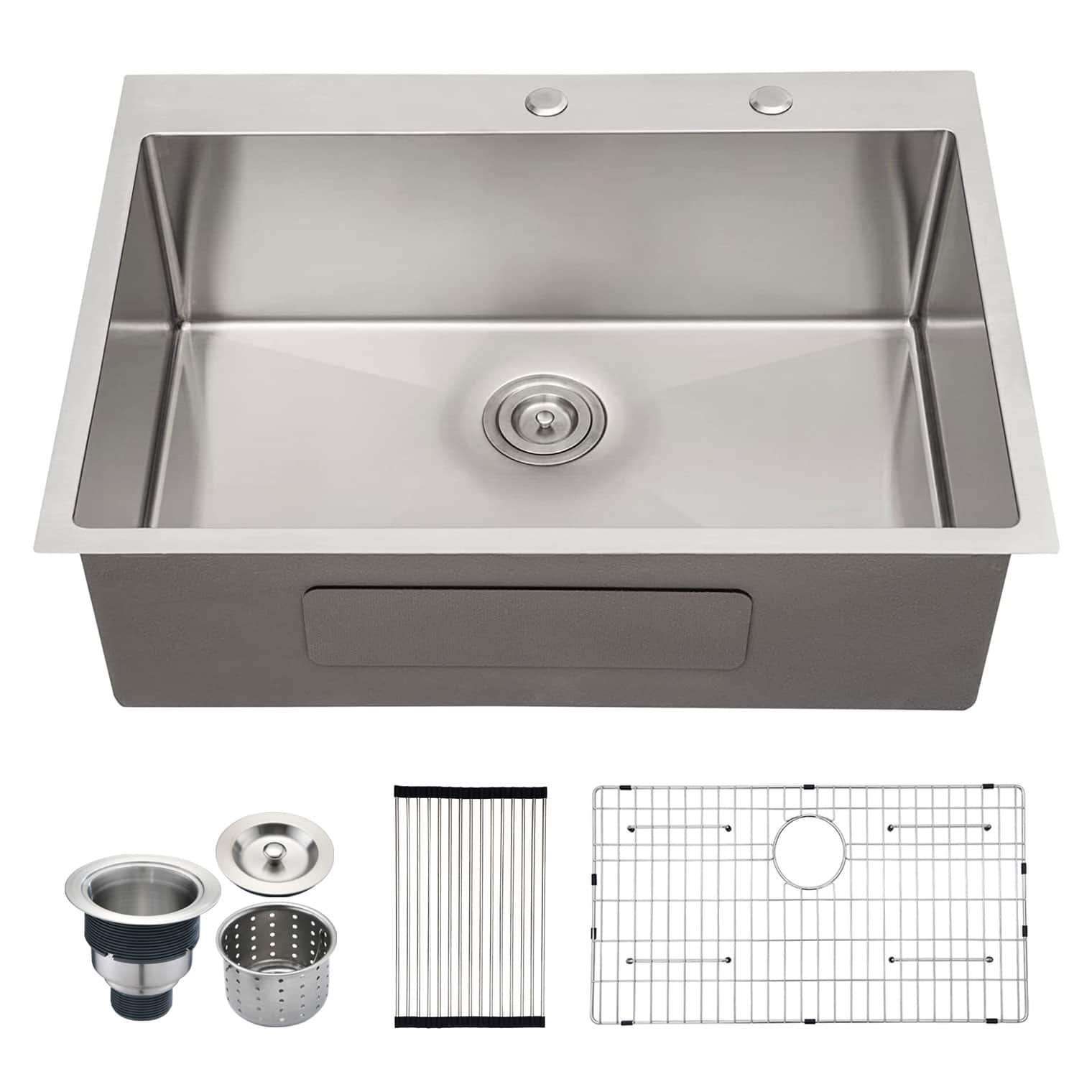 30 Inch 2-Hole Single Bowl Drop-In Stainless Steel Kitchen Sink with Bottom Grid and Basket Strainer
