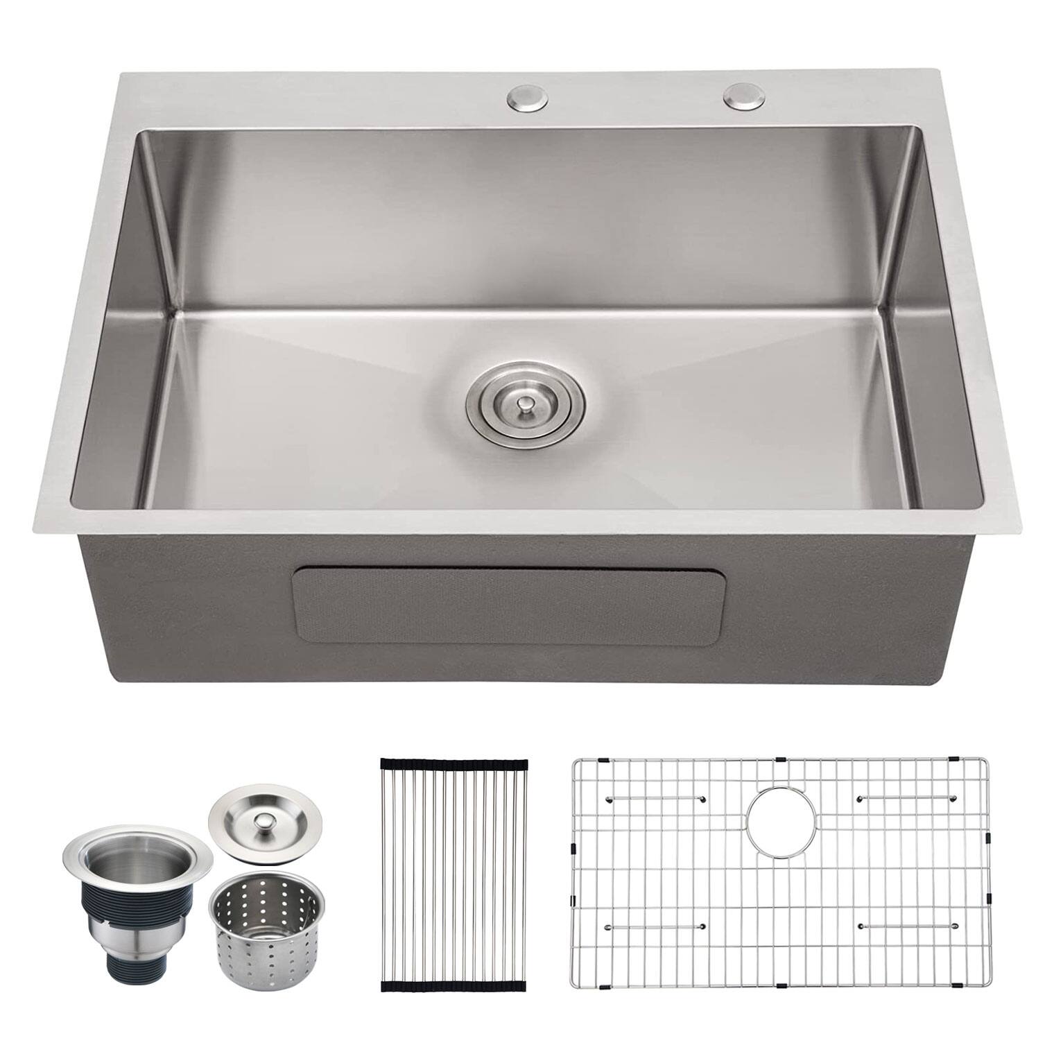 Front. TinyHomie - 30 Inch 2-Hole Single Bowl Drop-In Stainless Steel Kitchen Sink with Bottom Grid and Basket Strainer - brown.