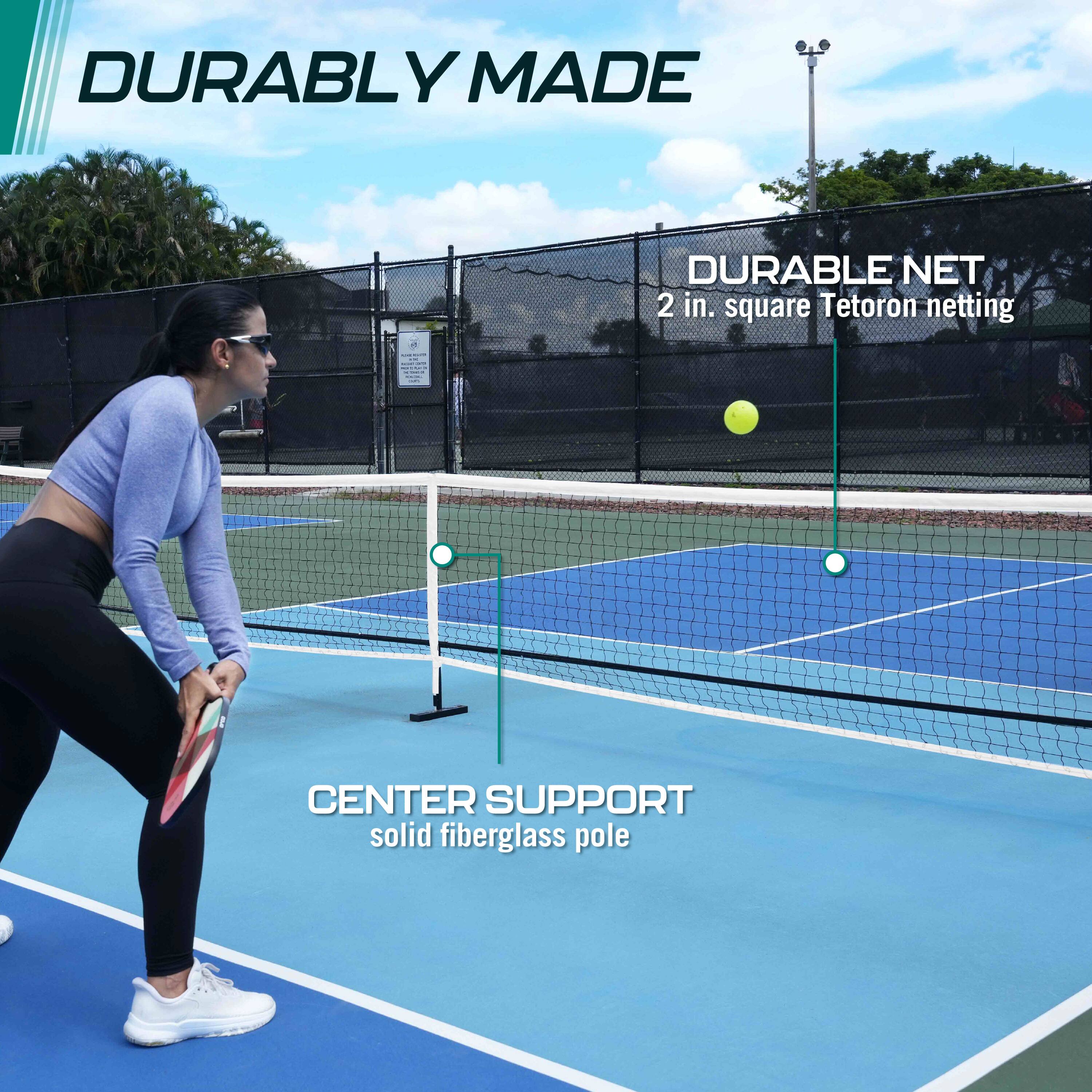 The text on the image is grouped as follows:

DURABLY MADE
DURABLE NET
2 in. square Tetoron netting
CENTER SUPPORT
solid fiberglass pole