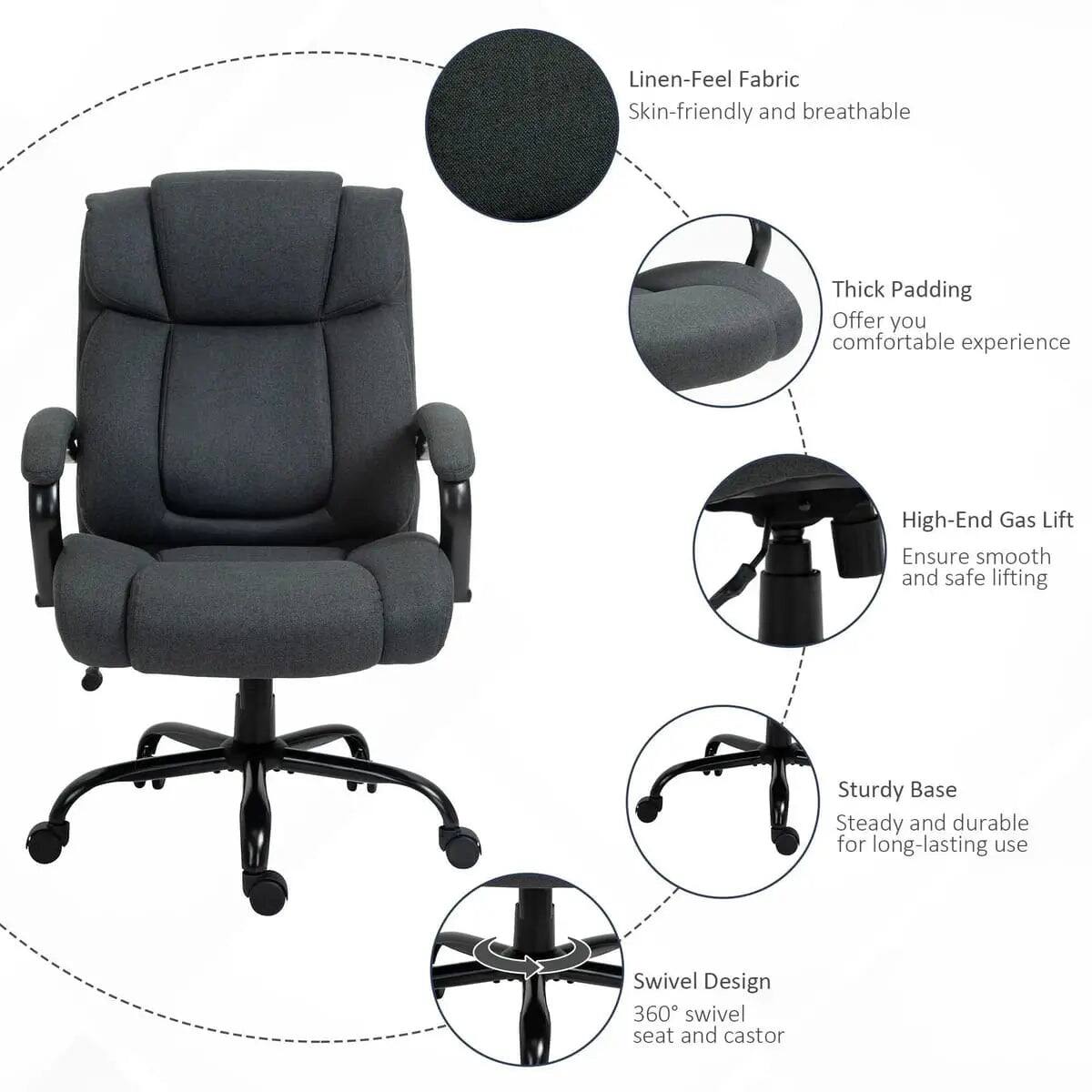 Linen-Feel Fabric: Skin-friendly and breathable  
Thick Padding: Offer you comfortable experience  
High-End Gas Lift: Ensure smooth and safe lifting  
Sturdy Base: Steady and durable for long-lasting use  
Swivel Design: 360° swivel seat and castor
