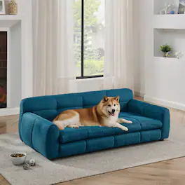 Siljoy - Linen Pet Sofa for Big Dogs, Elevated Dog Bed with Armrests & Back Support - Dark Blue