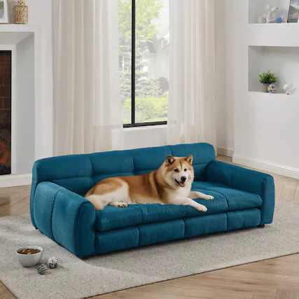 Front. Siljoy - Dark Blue Linen Pet Sofa for Big Dogs, Elevated Dog Bed with Armrests & Back Support - Dark Blue.