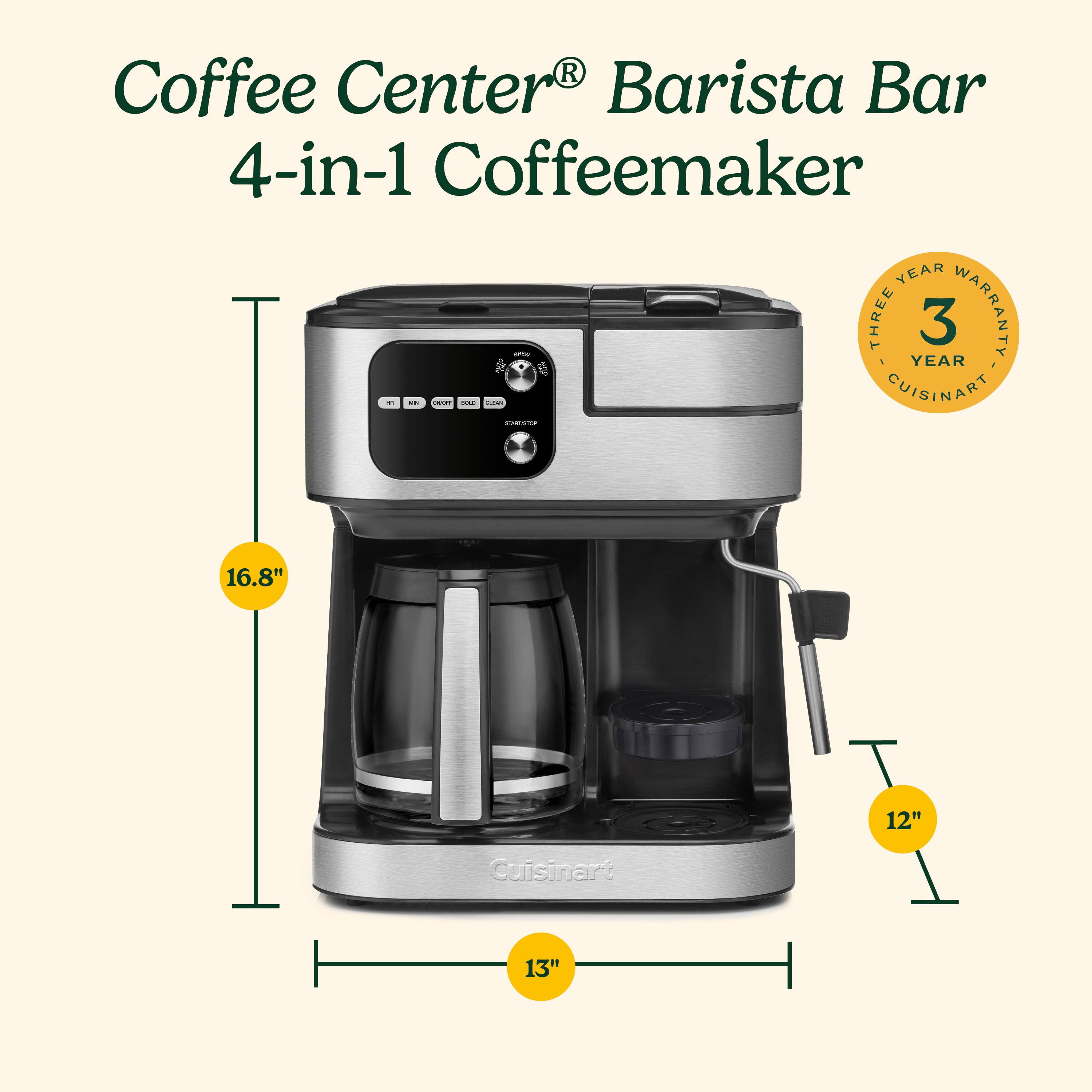 Coffee Center Barista Bar 4-in-1 Coffeemaker with a 3-year warranty.