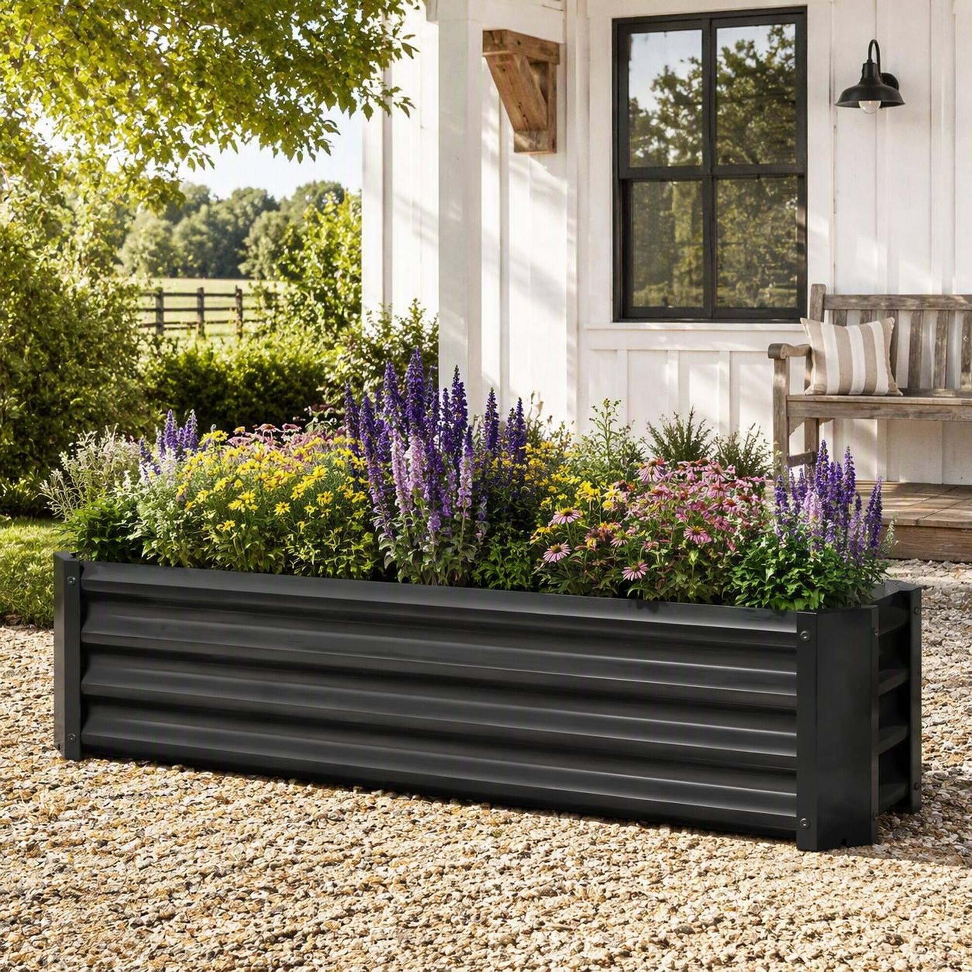 Angle. RYHNUYNE - Rectangular Metal Raised Garden Bed 4x2x1ft Elevated Planter Box for Vegetables Flowers Herbs Black - Black.