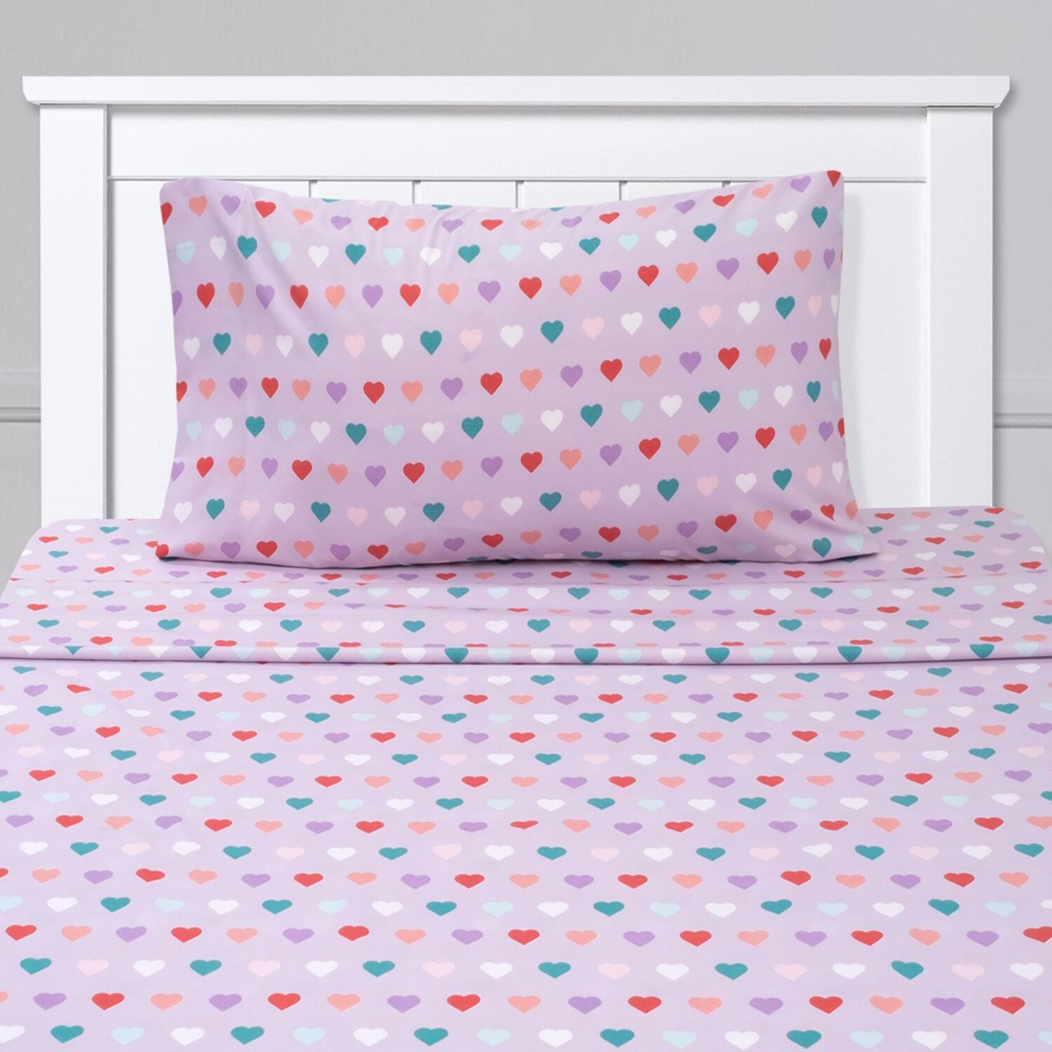 Angle. Sweet Home Collection - Kids' Printed Classic & Bright Ultra Soft Microfiber Sheet Sets - Twin - Hearts.