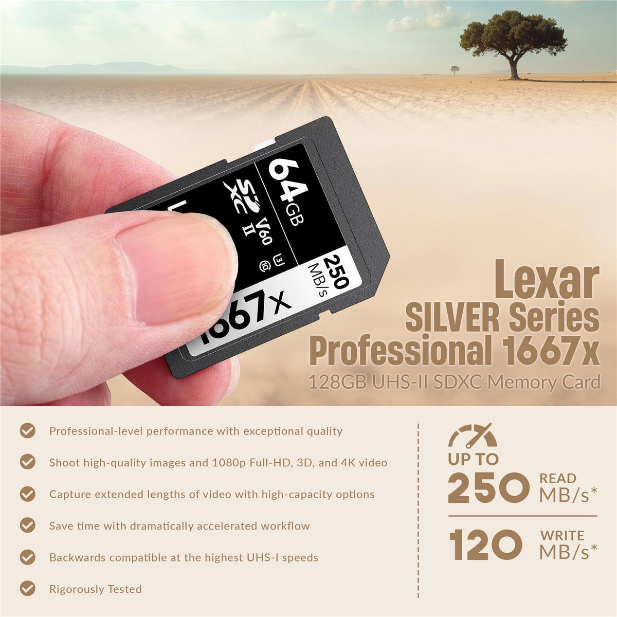 Lexar SILVER Series Professional 1667x 128GB UHS-II SDXC Memory Card

Professional-level performance with exceptional quality
Shoot high-quality images and 1080p Full-HD, 3D, and 4K video
Capture extended lengths of video with high-capacity options
Save time with dramatically accelerated workflow
Backwards compatible at the highest UHS-I speeds
Rigorously Tested

UP TO READ 250 MB/s WRITE 120 MB/s