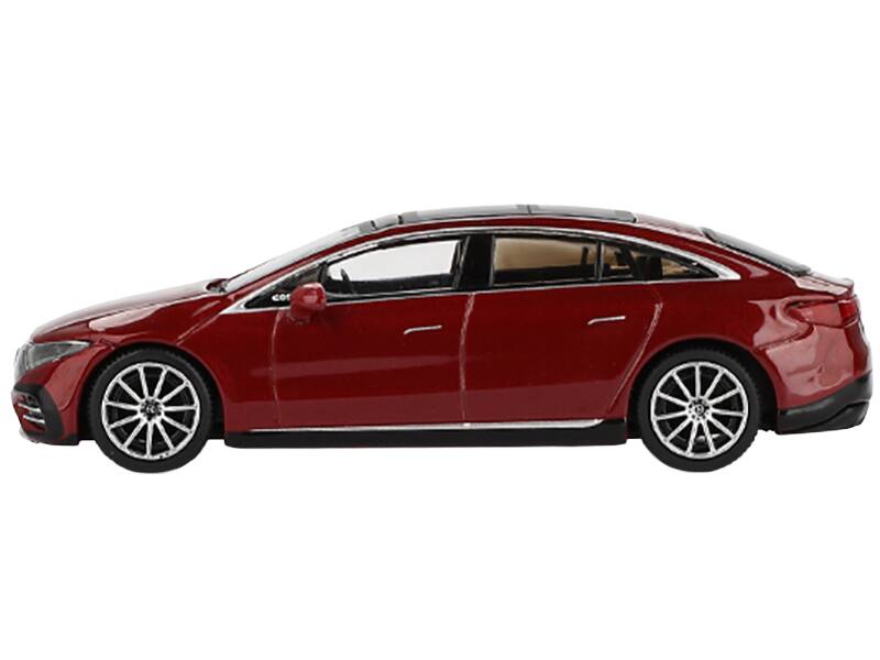 Angle. Mini GT - Mercedes-Benz EQS 580 4MATIC Red Metallic with Sun Roof Limited Edition 1/64 Diecast Model Car by Mini GT - Red.