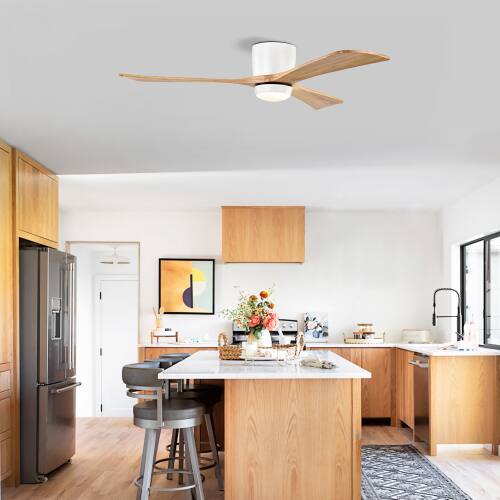Alt View 3. LUCKY ONE - 52" Flush Mount Ceiling Fan with Light Remote 6-Speed Wood Blades - Matte White,Natural Wood.