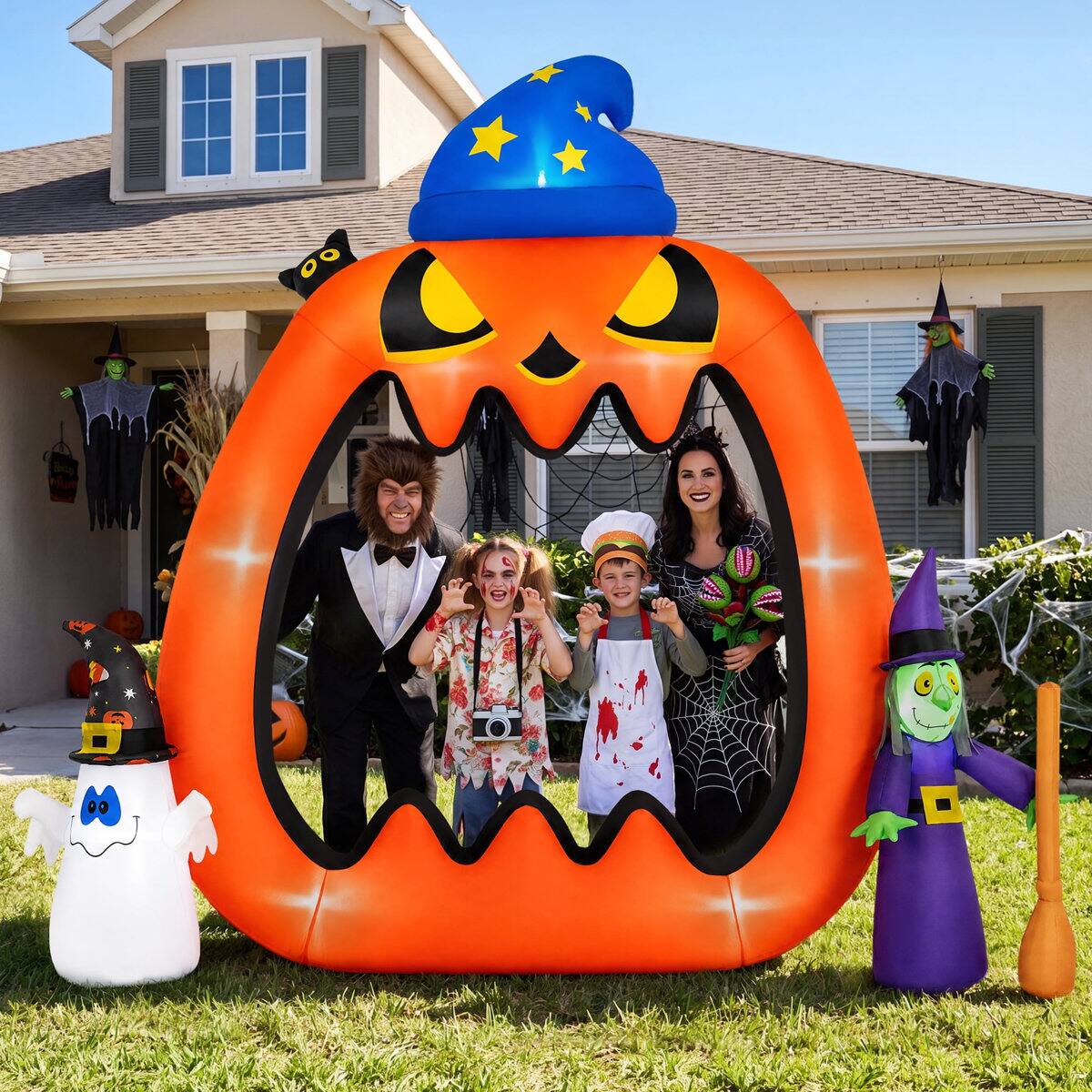 Left. Wisairt - 8.2ft Halloween Inflatable Pumpkin Photo Door with Ghost and Witch - LED Outdoor - Green|White|Red.