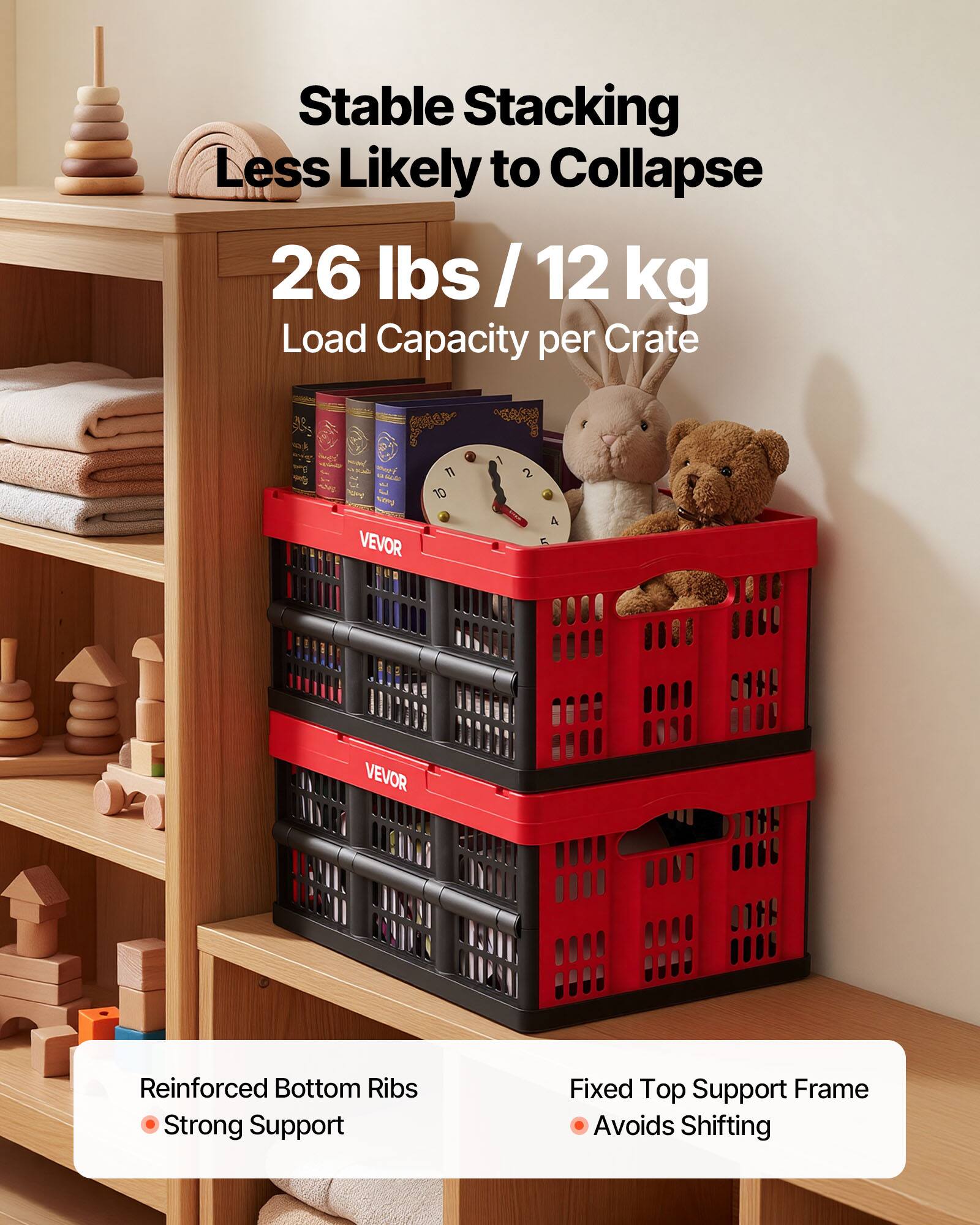 Stable Stacking Less Likely to Collapse  
26 lbs / 12 kg Load Capacity per Crate  

Reinforced Bottom Ribs  
Strong Support  

Fixed Top Support Frame  
Avoids Shifting