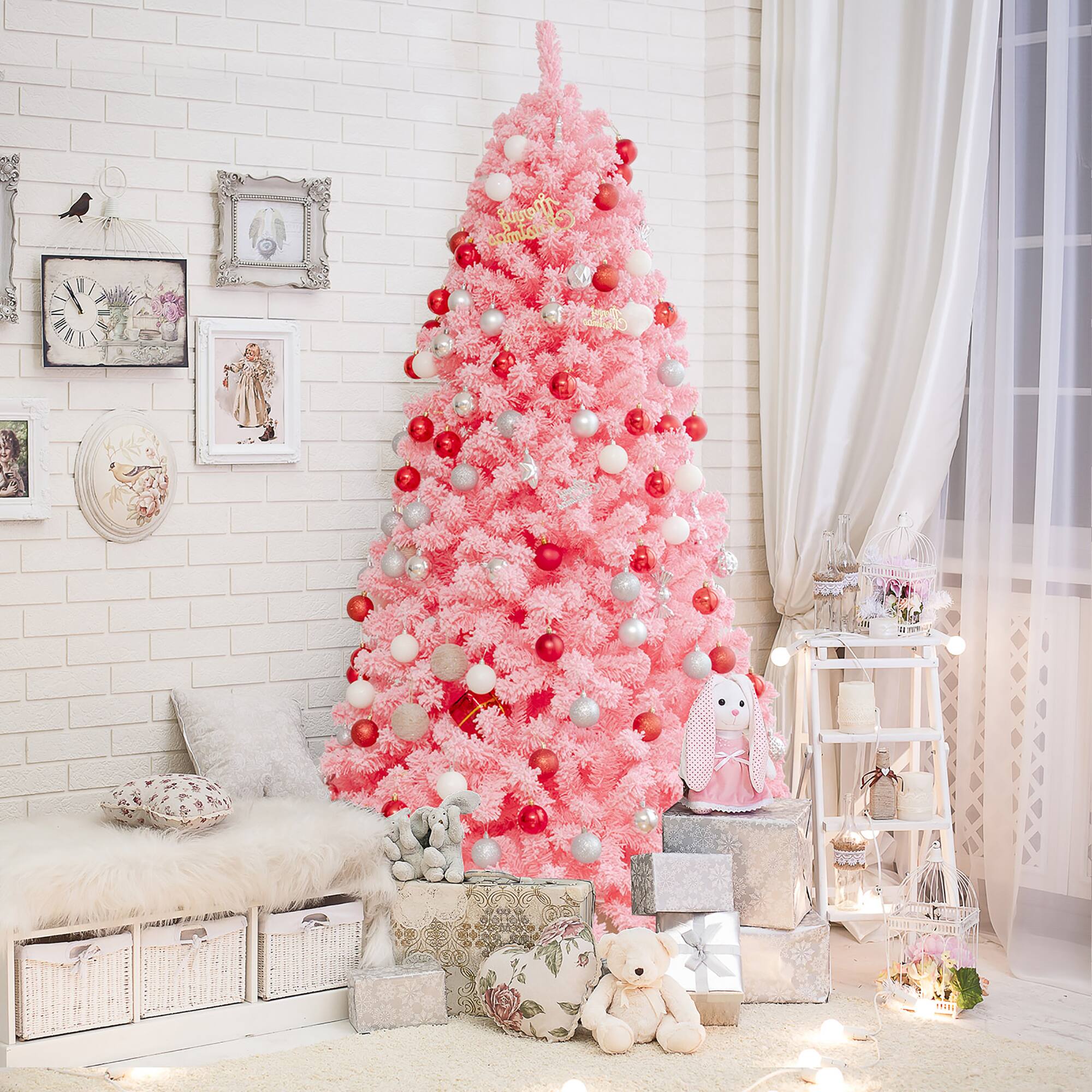Alt View 12. Costway - 7.5ft Snow Flocked Hinged Artificial Christmas Tree with Metal Stand - Pink.