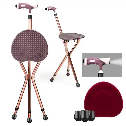 Front. GOPLUS - Goplus Outdoor Occasion Adjustable Large Folding Cane Seat Aluminum Alloy Crutch Chair - Coffee.