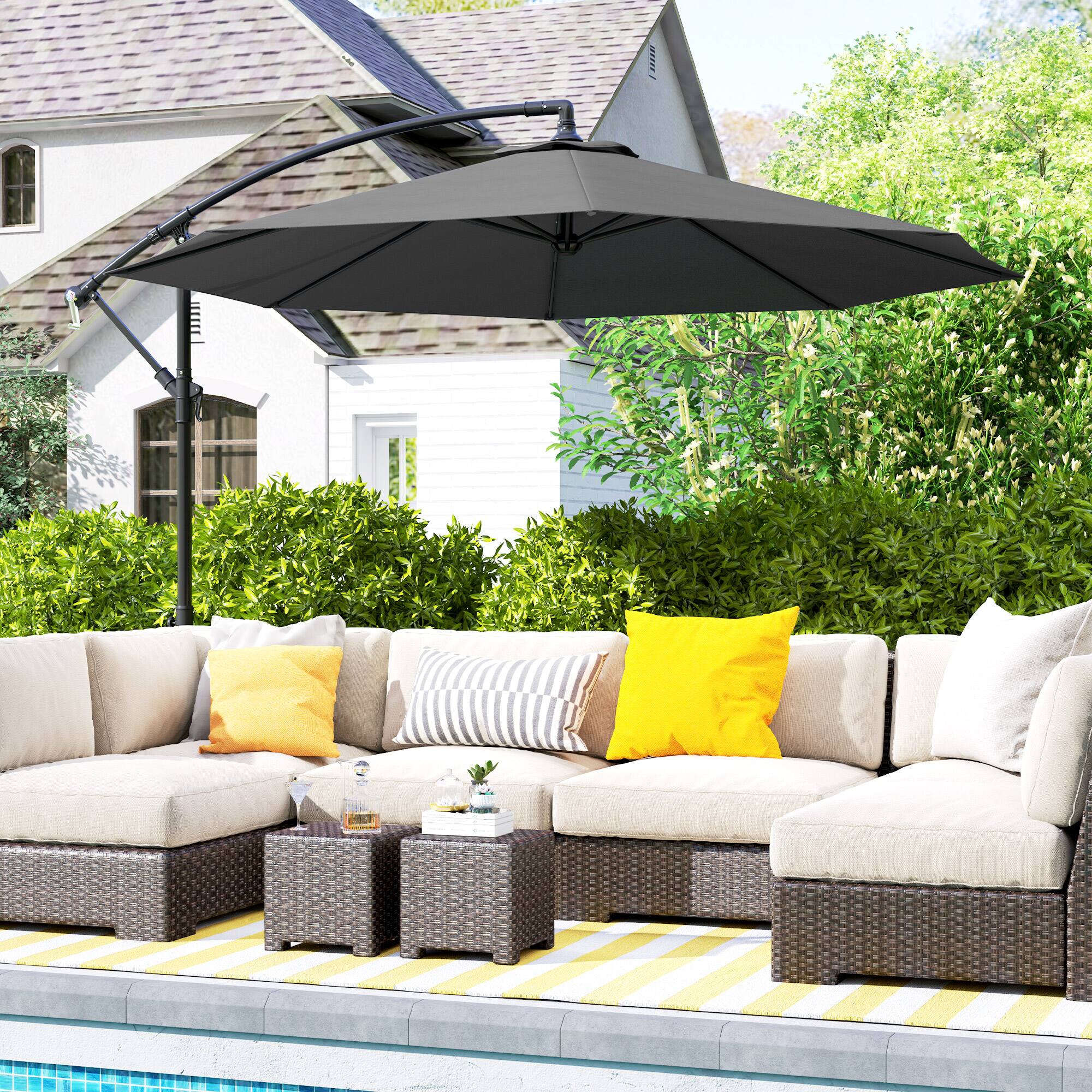Angle. Outsunny - 10' Cantilever Hanging Tilt Offset Patio Umbrella with UV & Water Fighting Material and Cross Base - Gray.