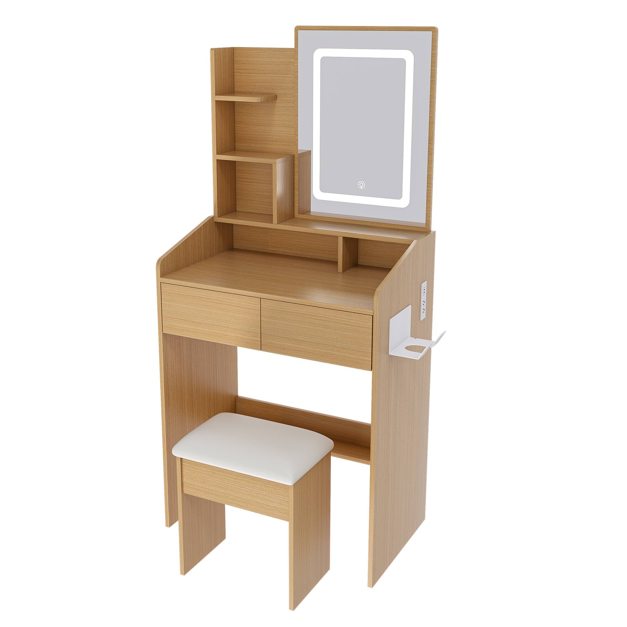 Alt View 4. Z-Edge - Makeup Vanity Desk with Mirror and Lights, Vanity Table Set with 2 Storage Drawer, Stool and 3 Shelves for Bedroom - Natural.