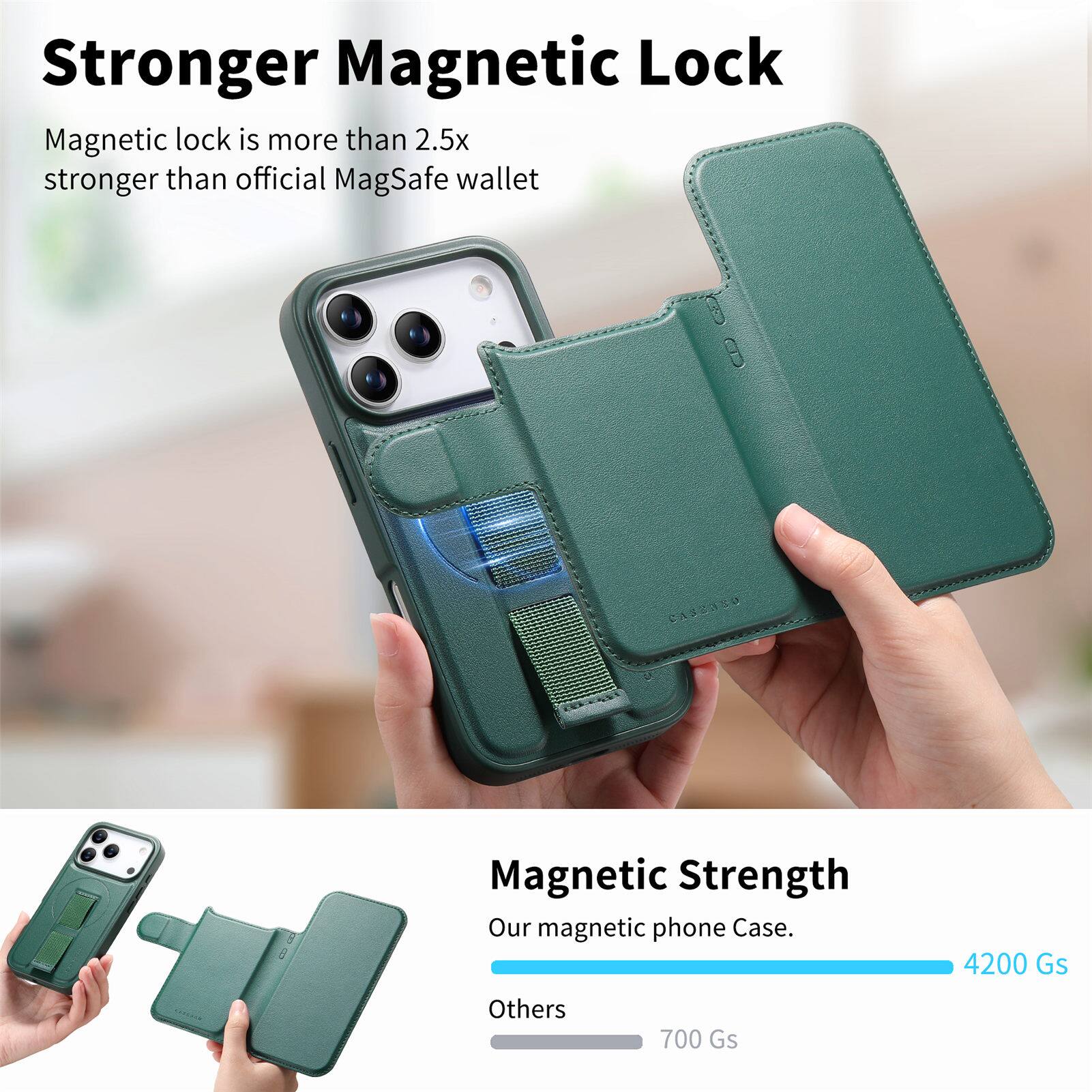 Stronger Magnetic Lock

Magnetic lock is more than 2.5x stronger than official MagSafe wallet

Magnetic Strength
Our magnetic phone Case. 4200 Gs
Others 700 Gs