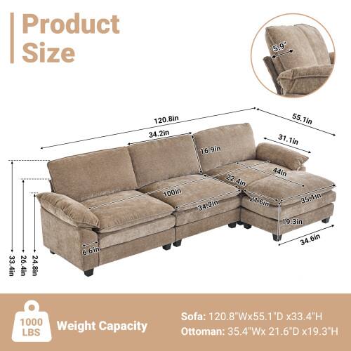 Product Size

- Sofa: 120.8"W x 55.1"D x 33.4"H
- Ottoman: 35.4"W x 21.6"D x 19.3"H

Weight Capacity: 1000 LBS