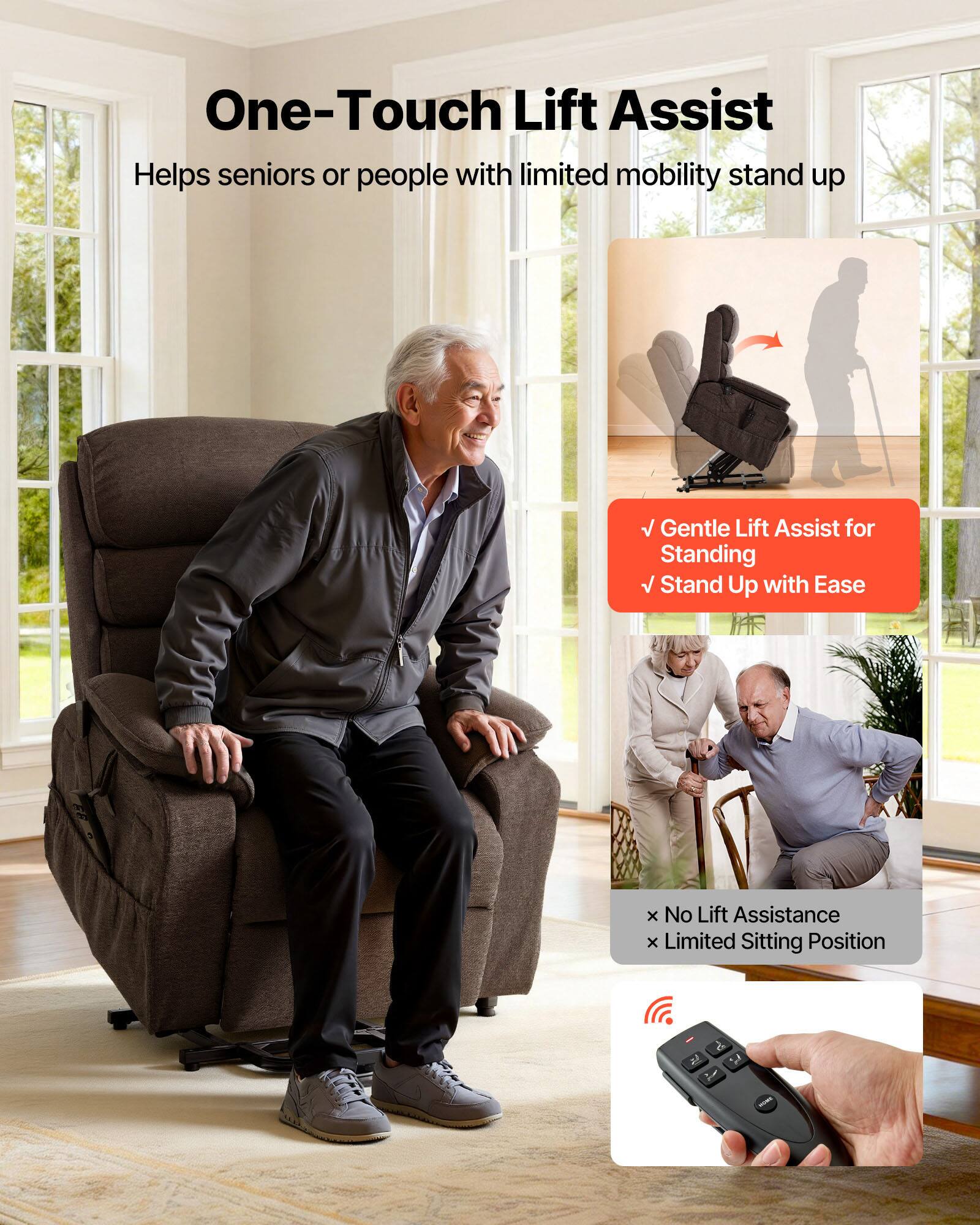 One-Touch Lift Assist  
Helps seniors or people with limited mobility stand up  

- Gentle Lift Assist for Standing  
- Stand Up with Ease  

× No Lift Assistance  
× Limited Sitting Position