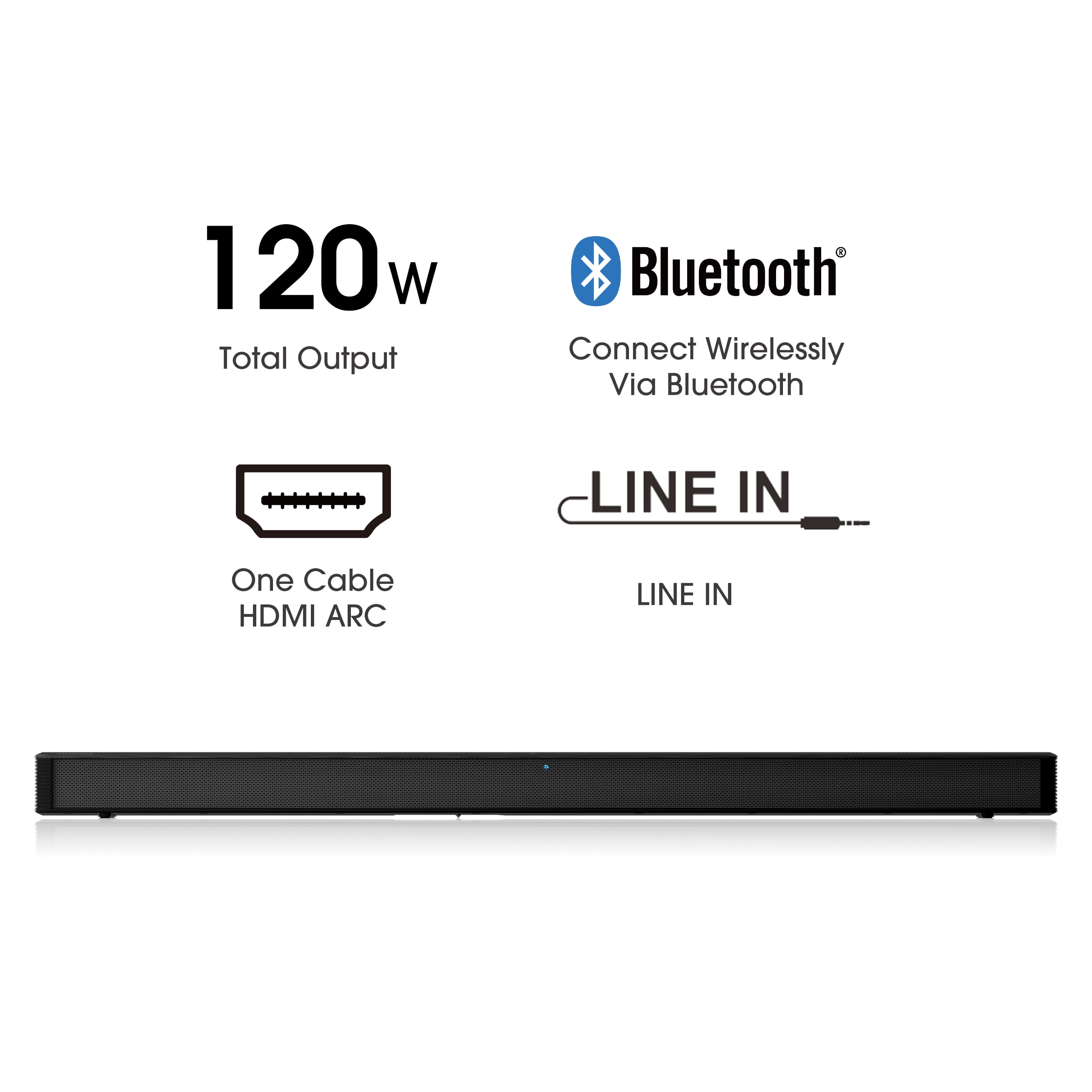 The text on the image is grouped as follows:
1. 120w Total Output
2. Bluetooth Connect Wirelessly Via Bluetooth
3. LINE IN
4. One Cable HDMI ARC
5. LINE IN