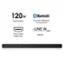 The text on the image is grouped as follows:

1. 120w Total Output
2. Bluetooth Connect Wirelessly Via Bluetooth
3. LINE IN
4. One Cable HDMI ARC
5. LINE IN