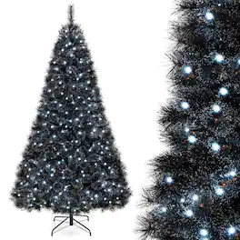 Costway - 8 FT Halloween Tree with 860 Branch Tips Frosted Pine Needles 450 White LED Lights - Black