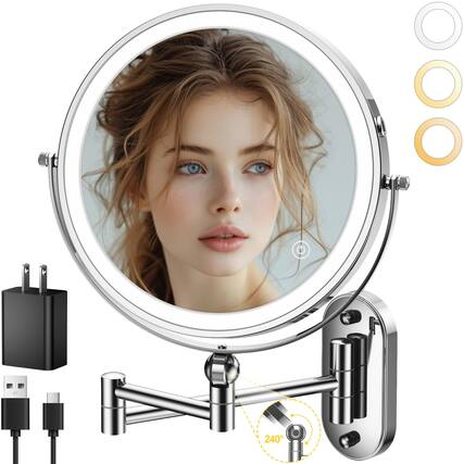 Front. Stylel Star - 9" Wall Mounted Lighted Makeup Mirror 4000mah Rechargeable Double Sided 1x/10x Magnifying With Light 3 Color Lights Touc.