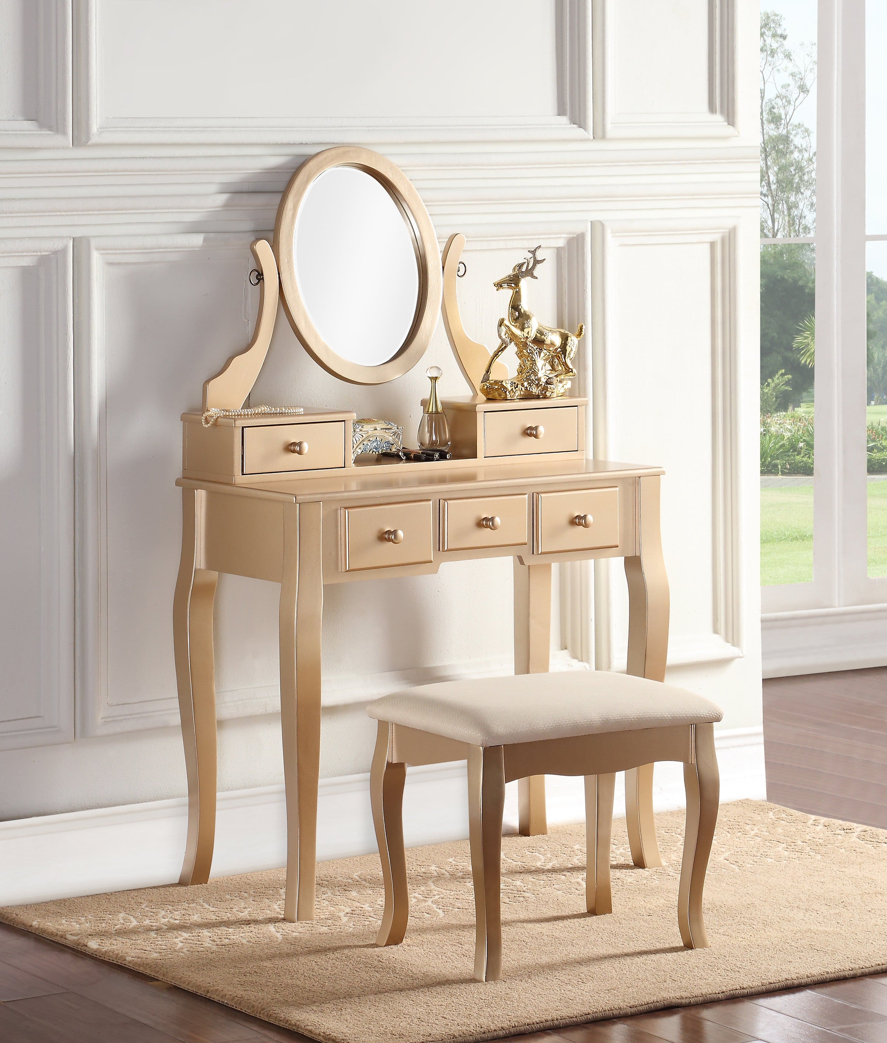 APRILSOUL - Ashley Wood Make-Up Vanity Table and Stool Set Ashley Wood Makeup Vanity Table and Stool Set - Gold