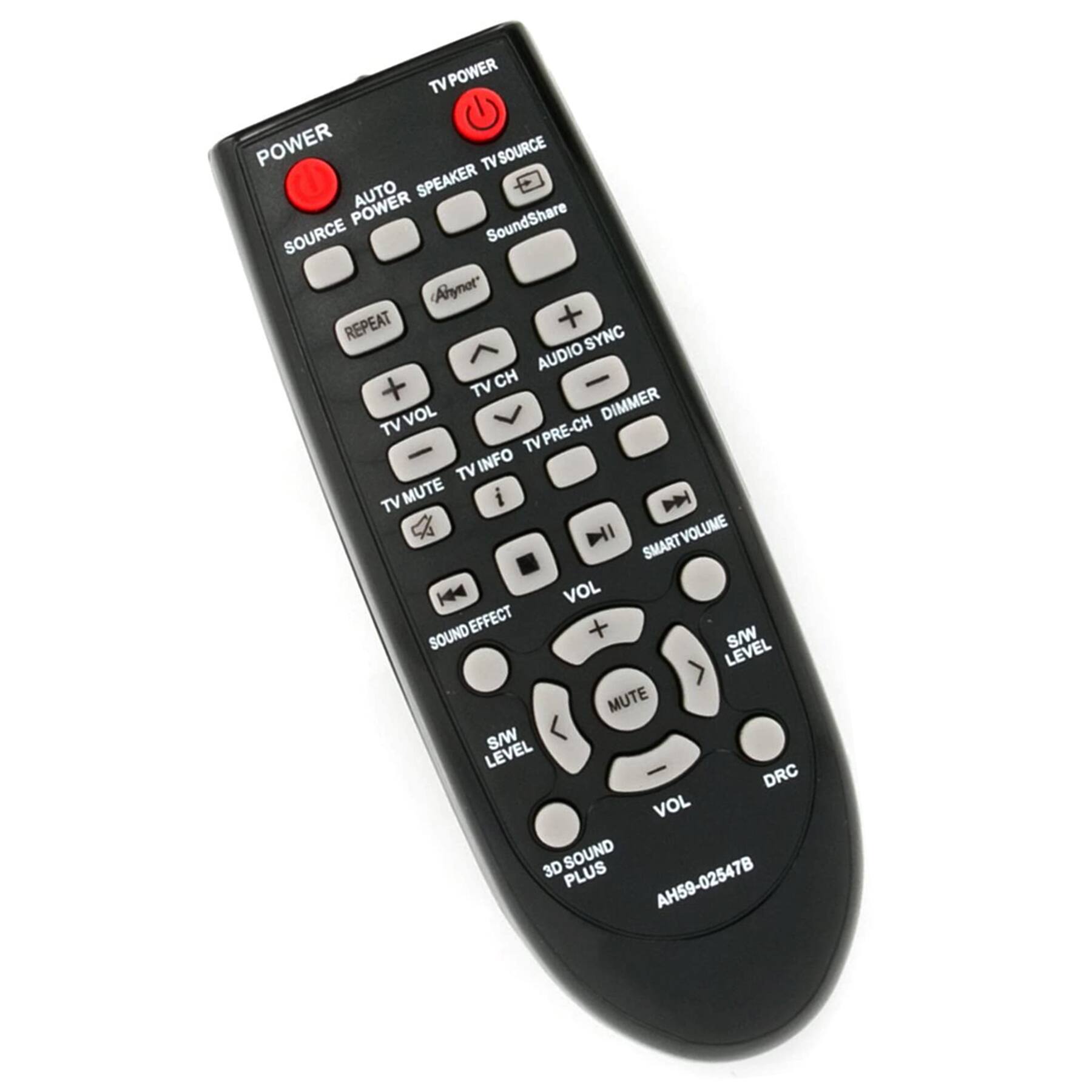 TV POWER  
POWER  
SOURCE  
AUTO POWER  
SPEAKER TV SOURCE  
SoundShare  
AUDIO SYNC  
REPEAT  
TV CH  
TV VOL  
TV MUTE  
TV INFO  
PRE-CH  
DIMMER  
SMART VOLUME  
VOL  
MUTE  
SOUND EFFECT  
S/W LEVEL  
DRC  
3D SOUND PLUS  
AH59-02547B