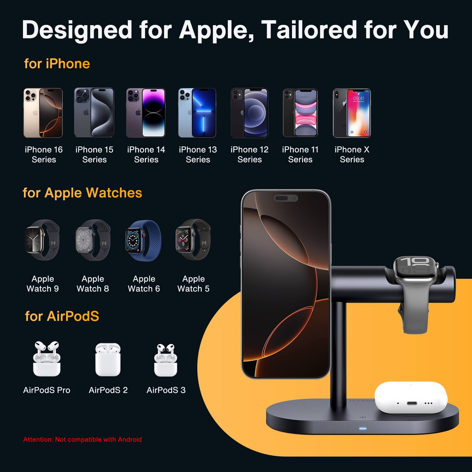 Designed for Apple, Tailored for You

for iPhone
CUC1 iPhone 16 Series iPhone 15 Series iPhone 14 Series iPhone 13 Series iPhone 12 Series iPhone 11 Series iPhone X Series

for Apple Watches
Apple Watch 9 Apple Watch 8 Apple Watch 6 Apple Watch 5

for AirPodS
AirPodS Pro AirPodS 2 AirPodS 3

Attention: Not compatible with Android