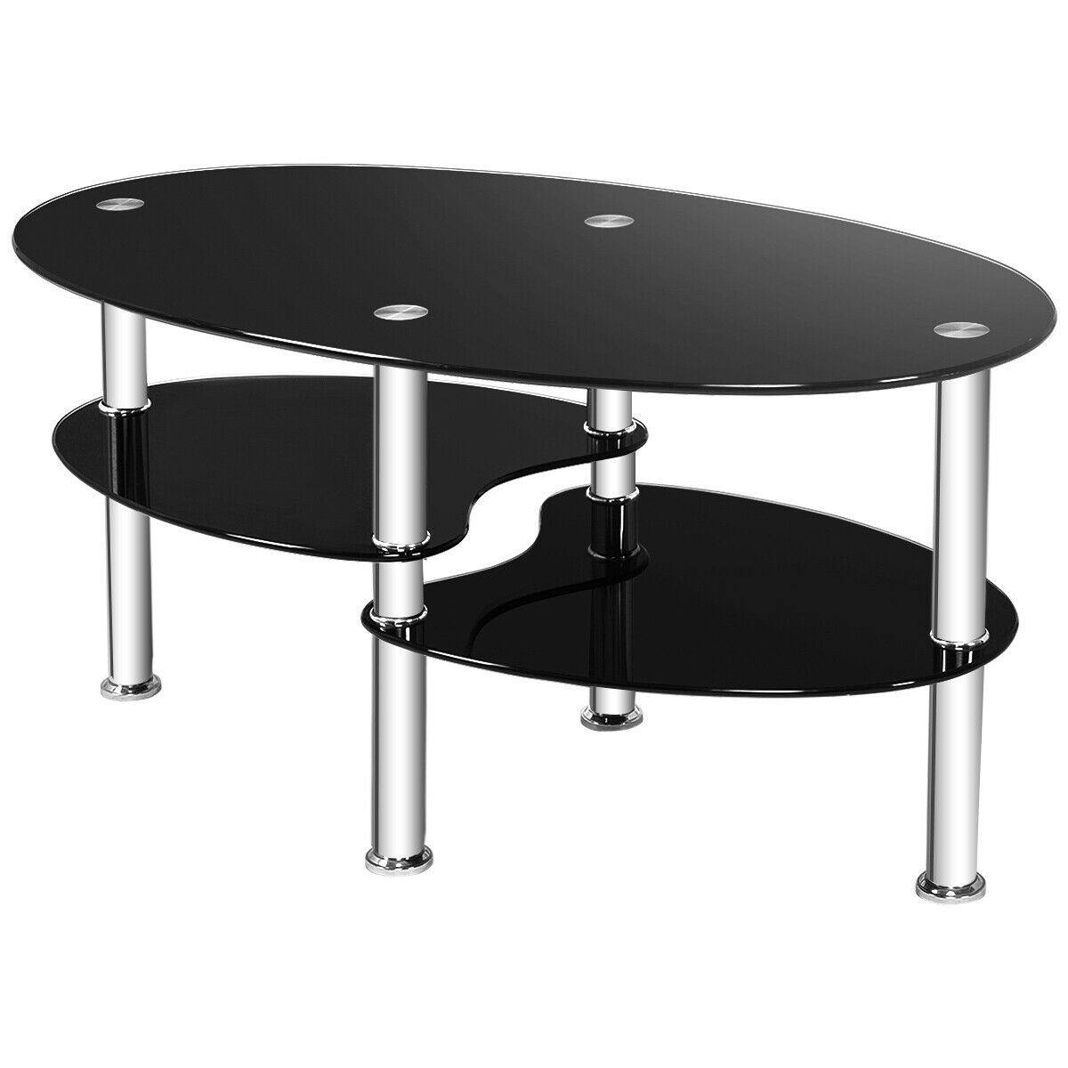 Alt View 7. Costway - Costway Tempered Glass Oval Side Coffee Table Shelf Chrome Base Living Room Black - Black.