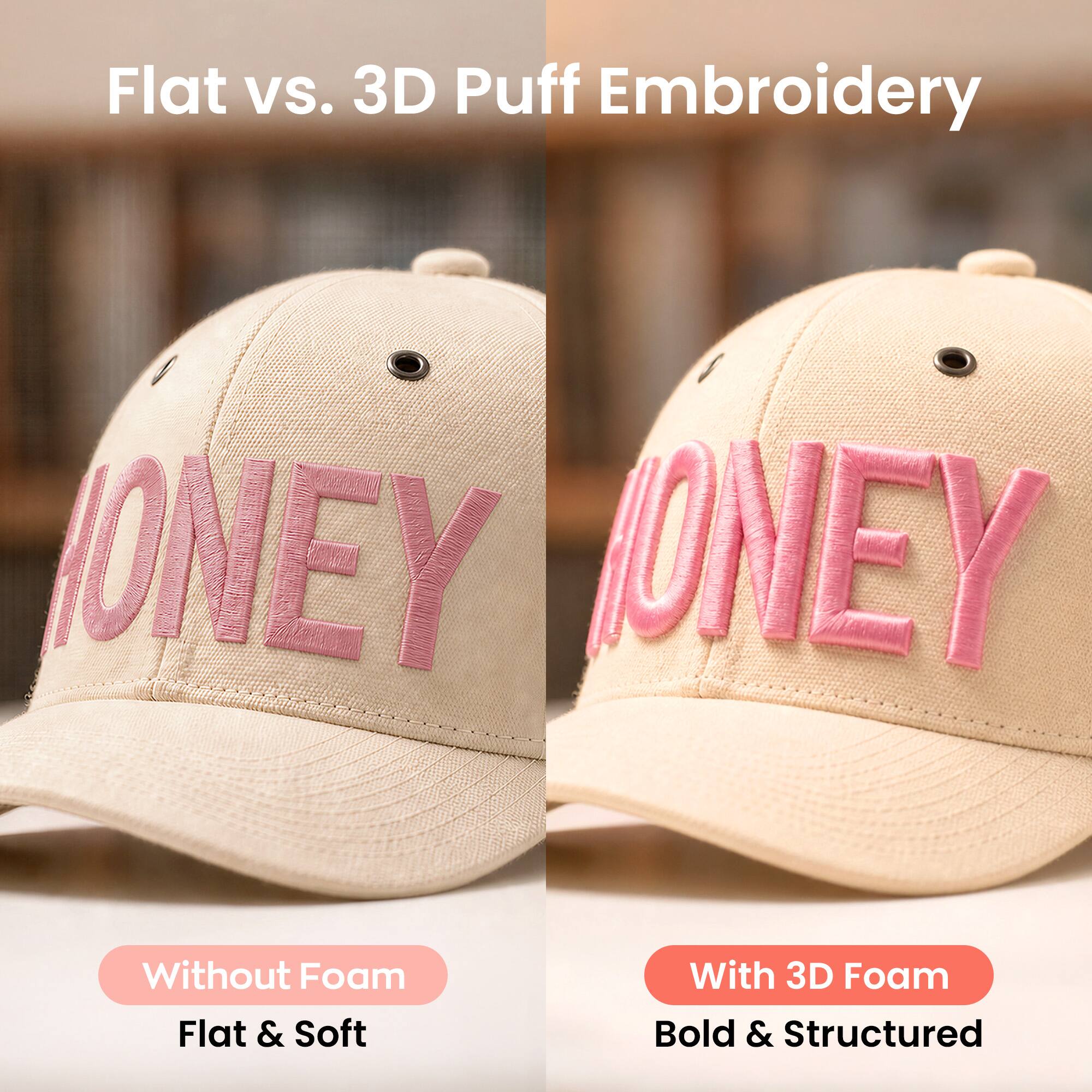Flat vs. 3D Puff Embroidery

ONEY ONEY

Without Foam Flat & Soft

With 3D Foam Bold & Structured