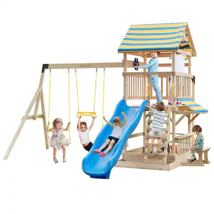 Front. Costway - Costway Backyard Wooden Swing Set Slide Playset for Kids Outdoor Climbing Wall Sandpit - Multicolor.
