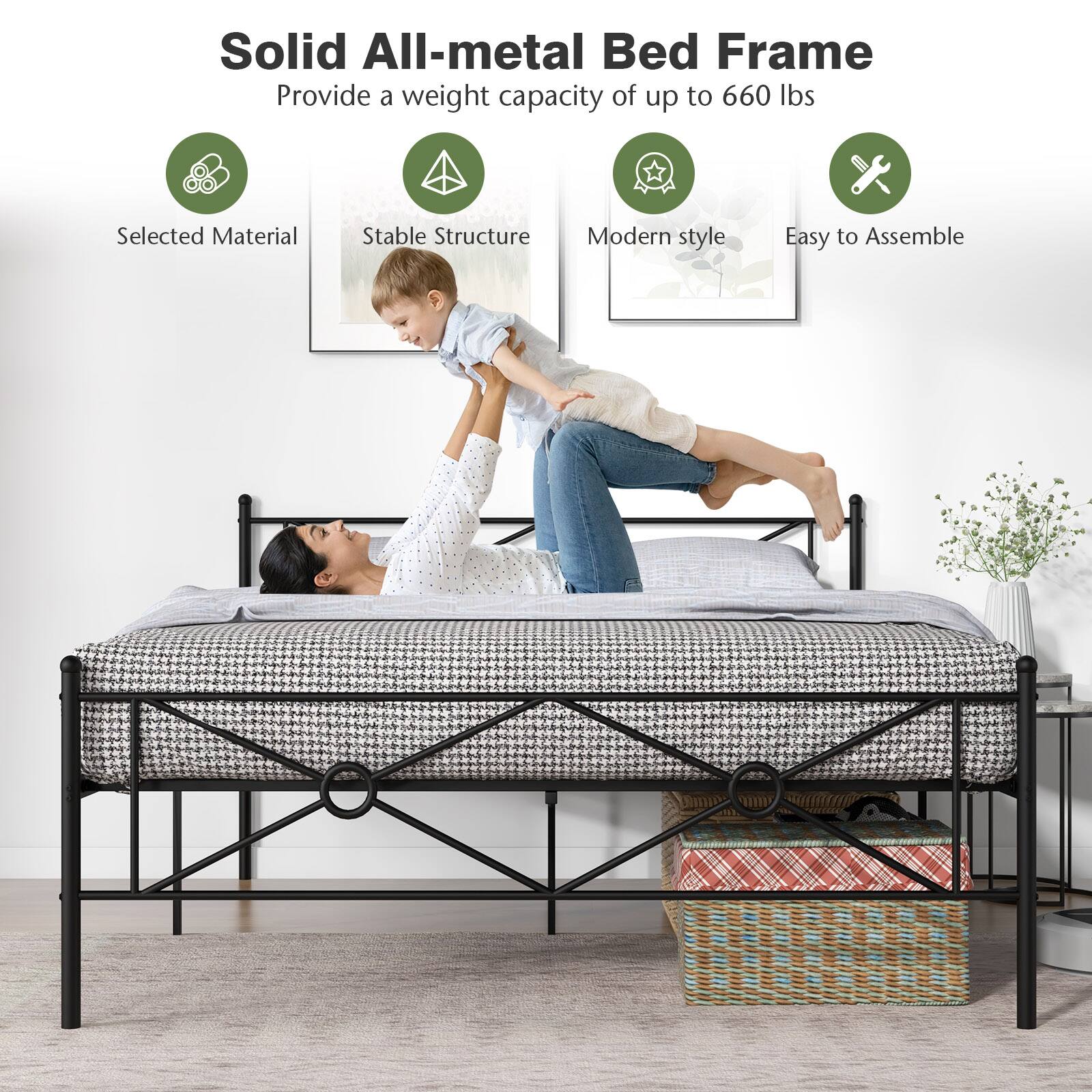 Solid All-metal Bed Frame, Provide a weight capacity of up to 660 lbs, Selected Material, Stable Structure, Modern style, Easy to Assemble