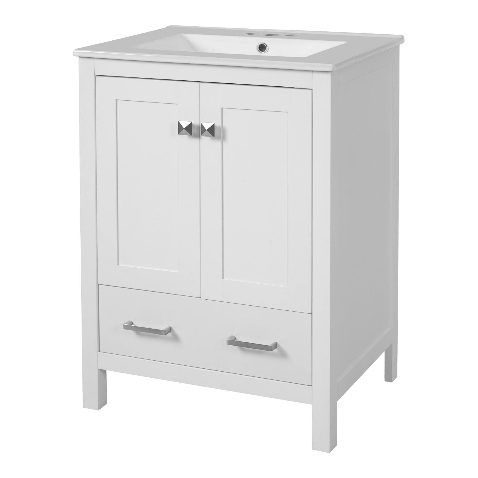 24-Inch Bathroom Vanity with Ceramic Sink, Solid Wood Frame, Soft-Close Doors and Divider Drawer