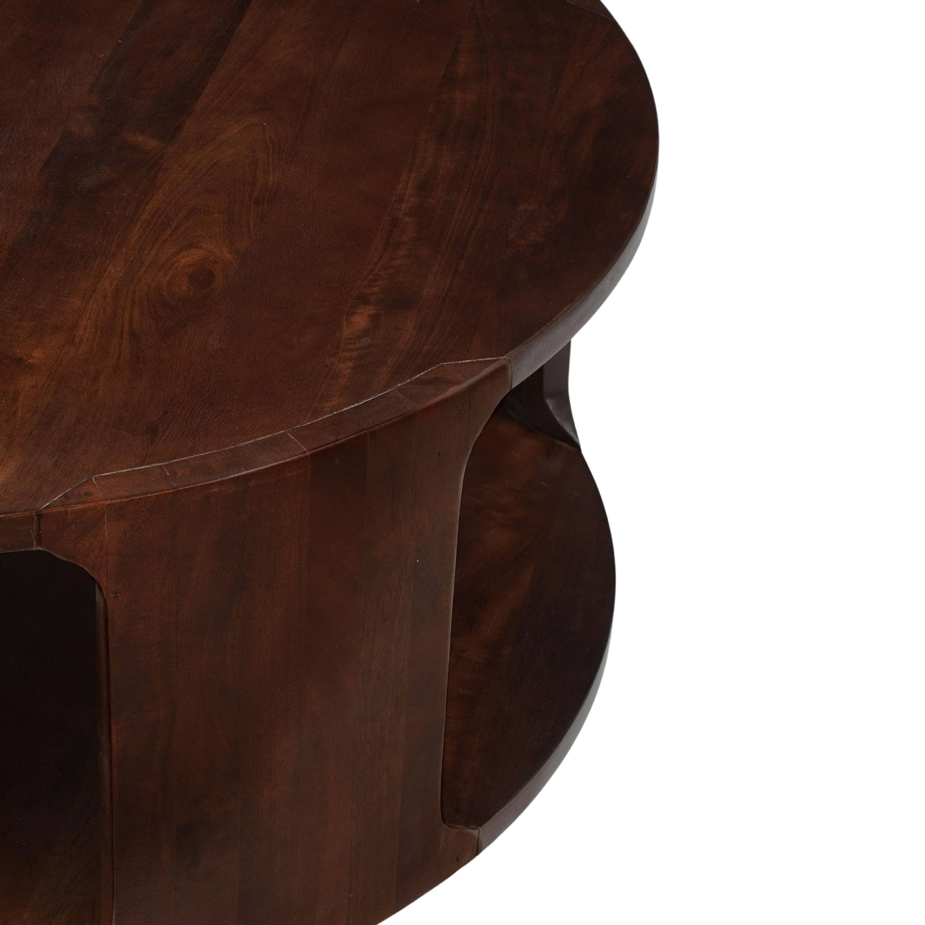 Back. Manhattan Lane - Bard Coffee Table, 38 Inch Round Top with Shelf, Walnut Brown Mango Wood Sculptural Frame - Brown.