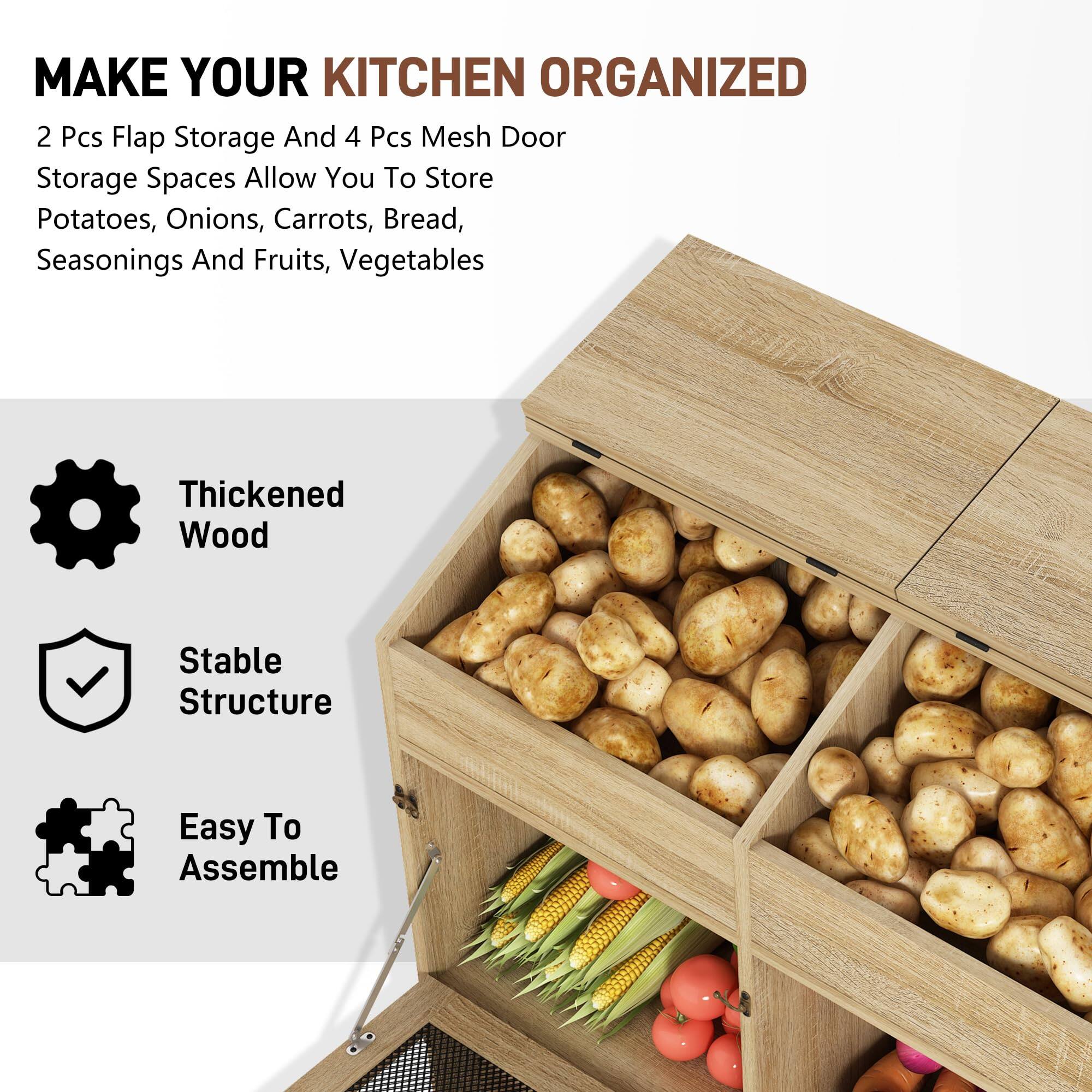 MAKE YOUR KITCHEN ORGANIZED

2 Pcs Flap Storage And 4 Pcs Mesh Door Storage Spaces Allow You To Store Potatoes, Onions, Carrots, Bread, Seasonings And Fruits, Vegetables

Thickened Wood  
Stable Structure  
Easy To Assemble